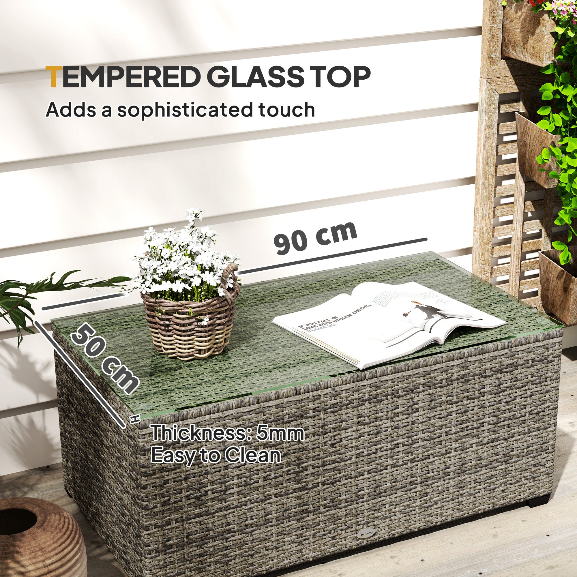 Glass-Top Rattan Side Table with Tempered Glass - Dark Grey