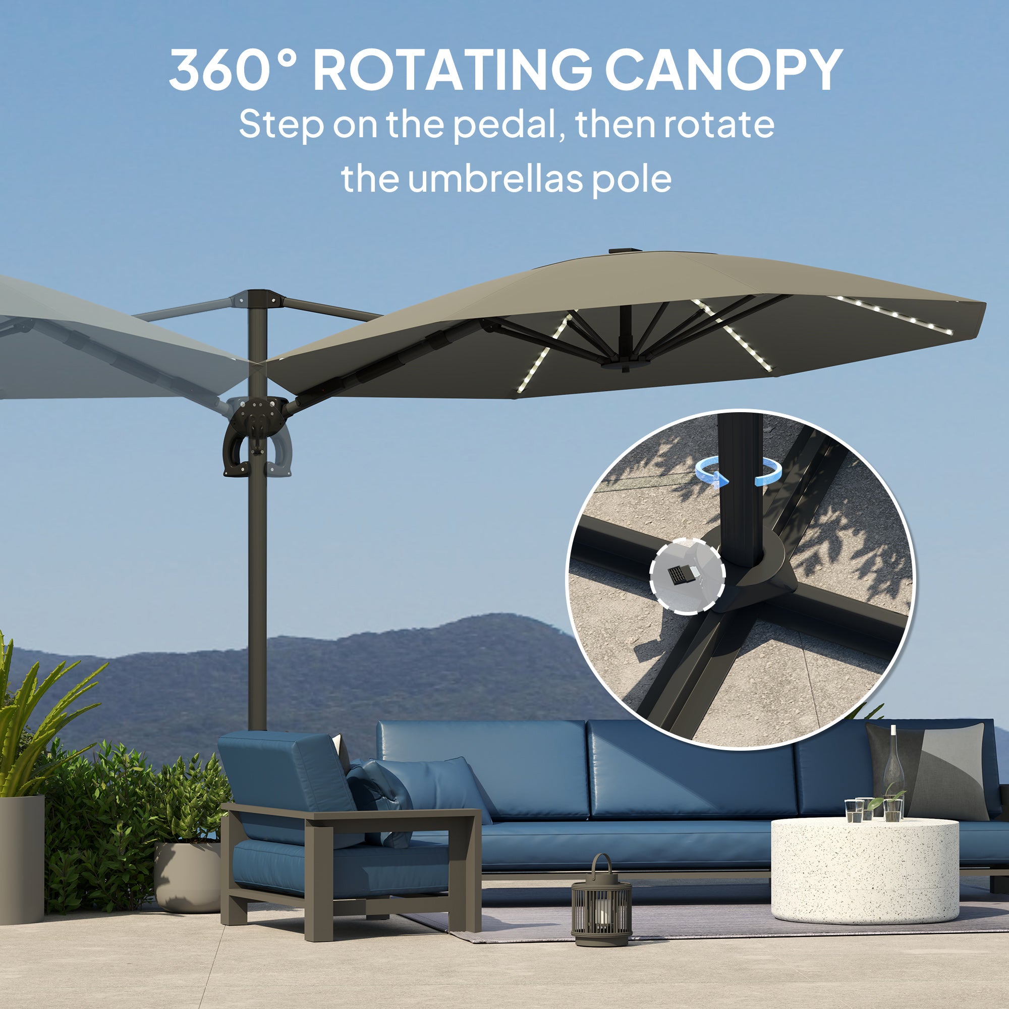 3 Metre Cantilever Garden Parasol with Solar Lights and Crank Handle - Dark Grey