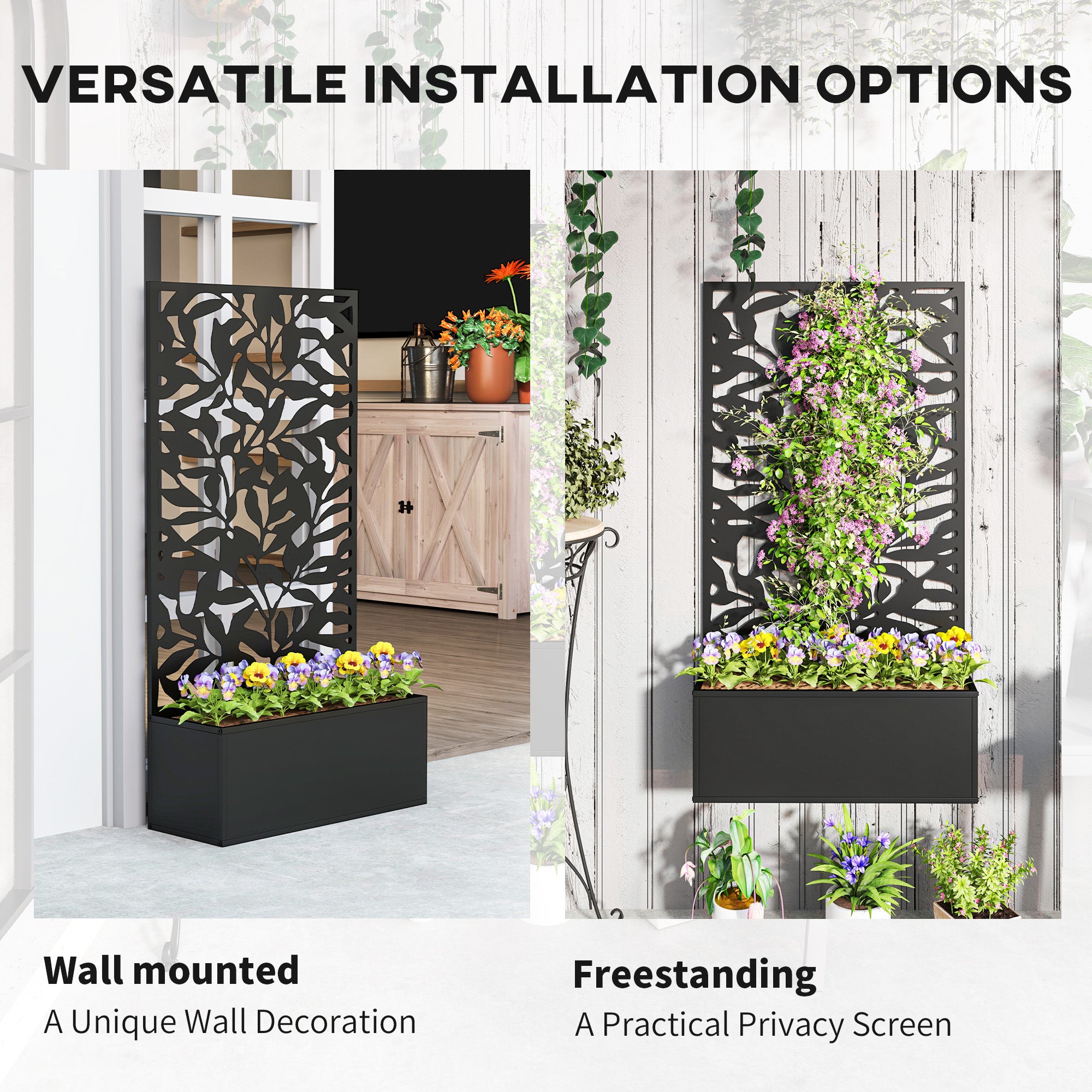 Metal Garden Bed with Trellis, Wall Mounted or Freestanding Raised Planter with Privacy Panel, Black