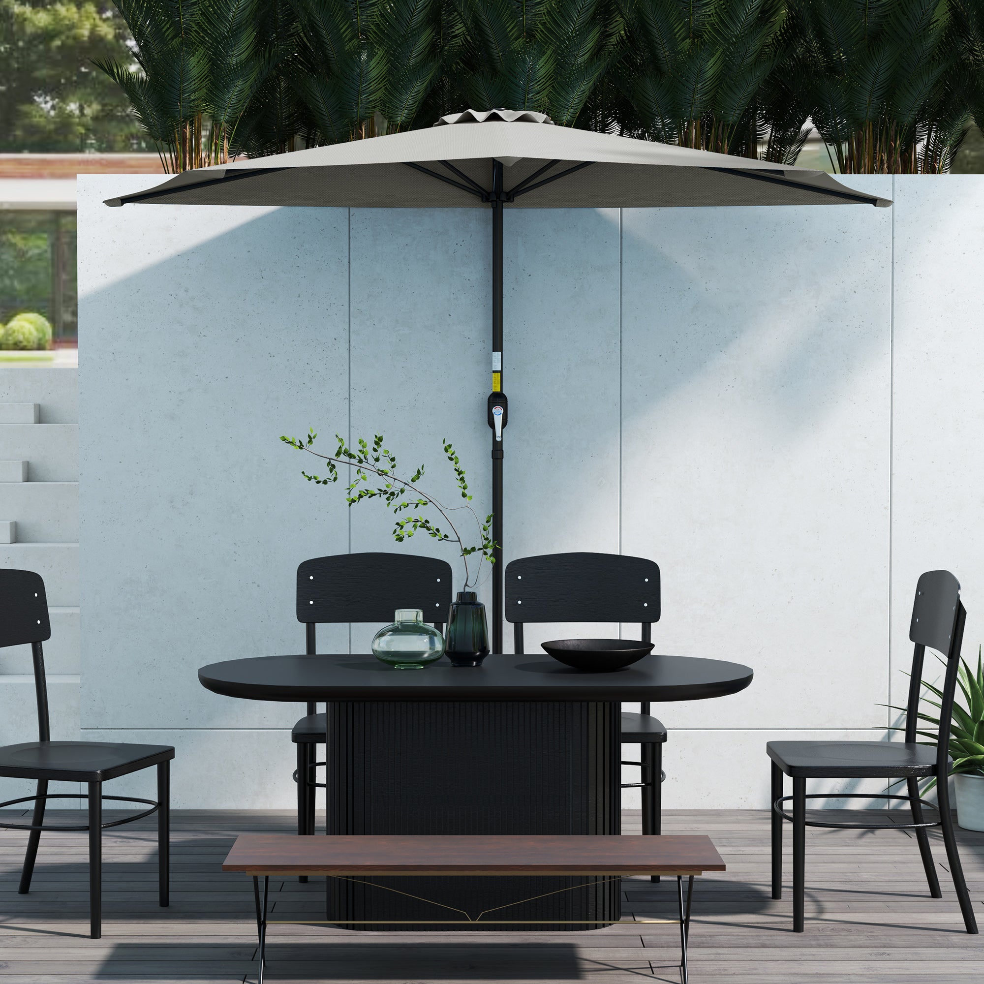 Half Round Patio Parasol Umbrella With Metal Frame - Light Grey