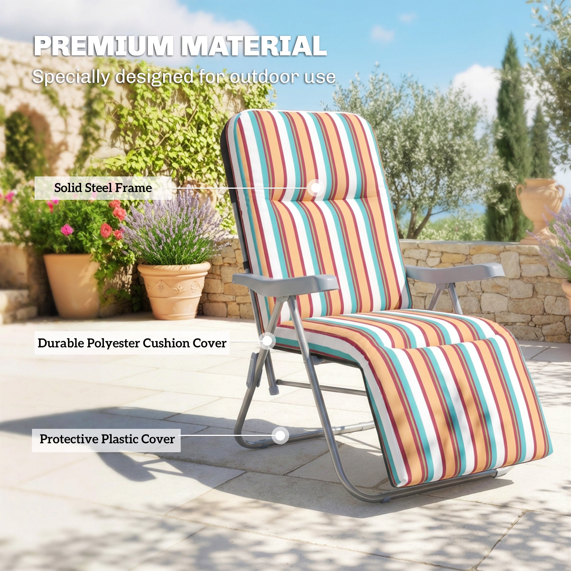 Set of 2 Foldable Patio Sun Lounger with Adjustable Backrest and Cushion, Multicoloured