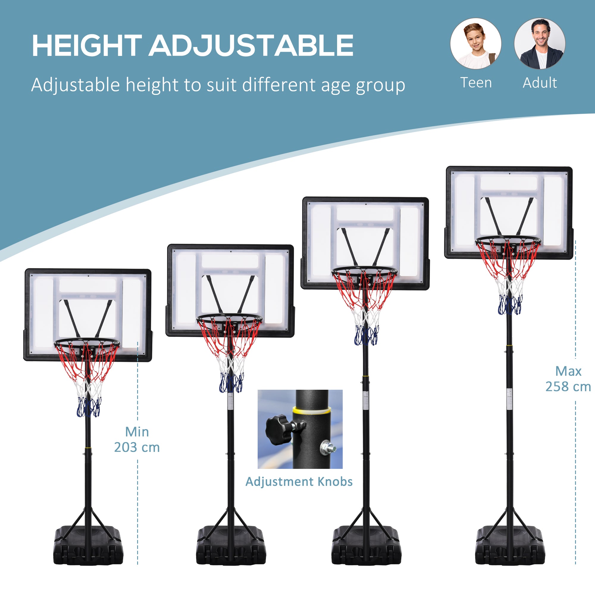 1.55-2.1m Basketball Hoop and Stand w/ Fillable Base, Wheels