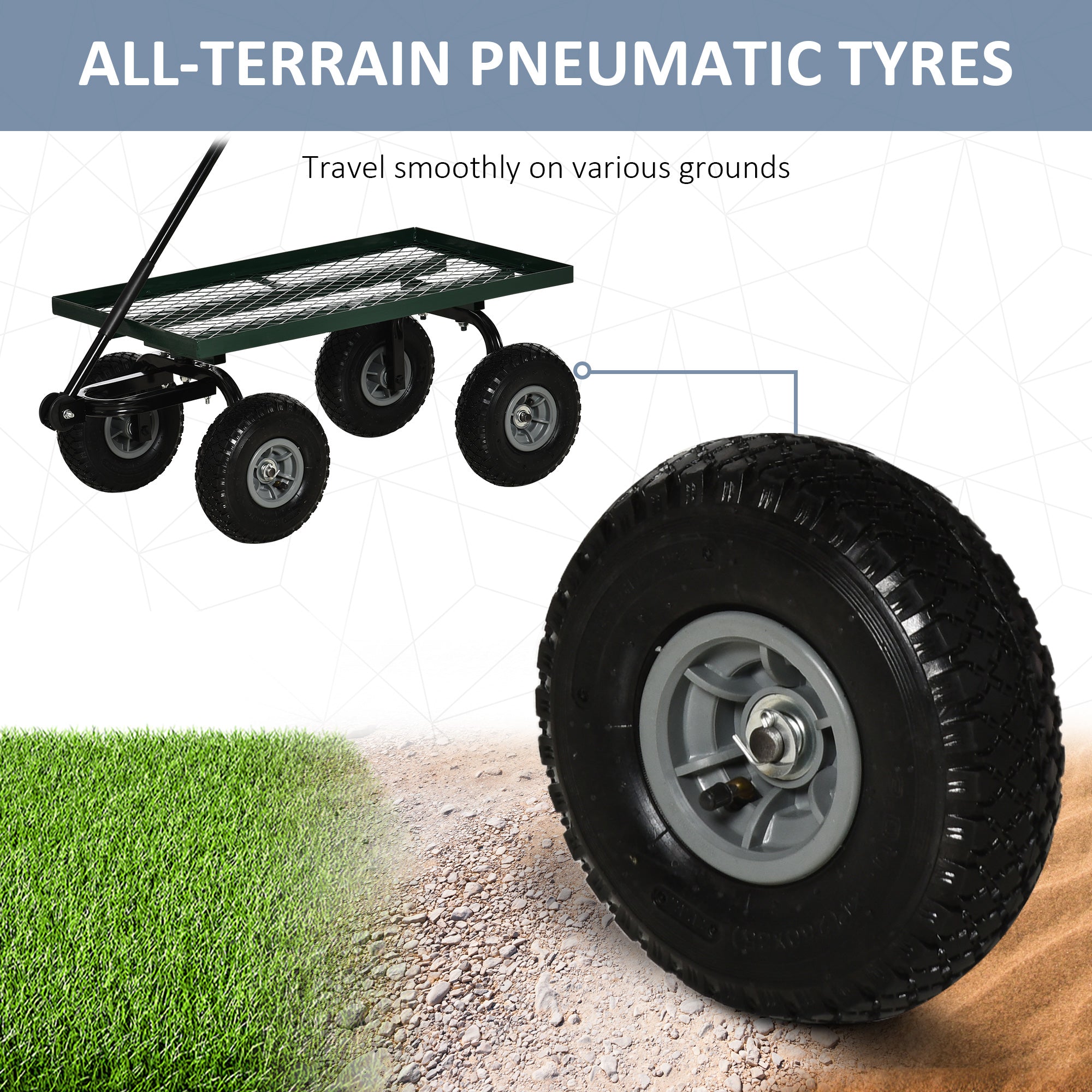 Garden Trolley Cart, Heavy Duty Garden Cart with Metal Frame, 10" Pneumatic Wheels, Rotating Handle, 150kg Capacity, for Garden, Farm, Green