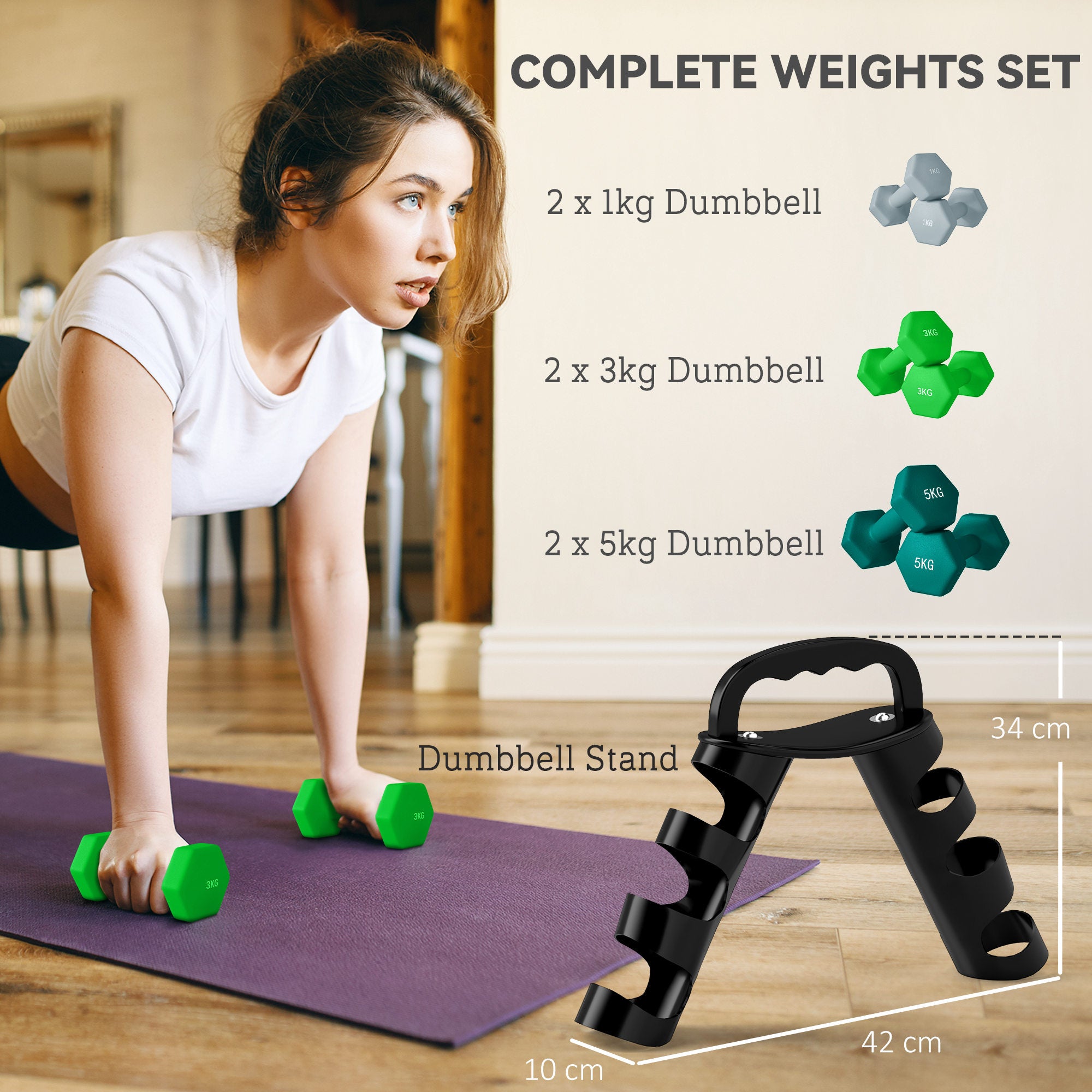 Dumbbells Set with Carry Storage Rack, Set of 6 Weights for Home Gym Kettlebell Training Weight Lifting Exercise, 2 x 1kg, 2 x 3kg, 2 x 5kg