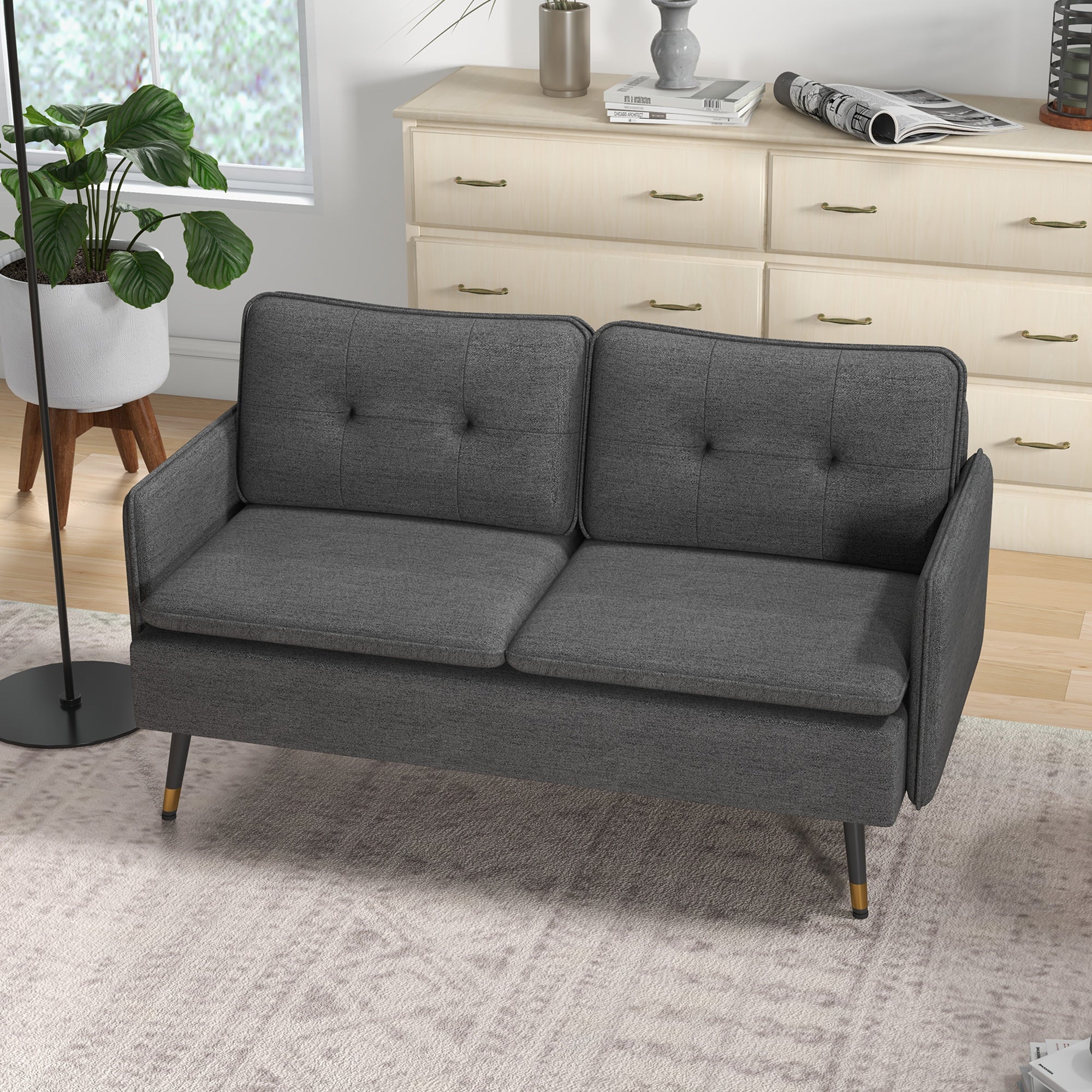 Modern Two Seater Sofa, Button Tufted Loveseat with Cushions and Steel Legs for Living Room, Guest Room, Dark Grey