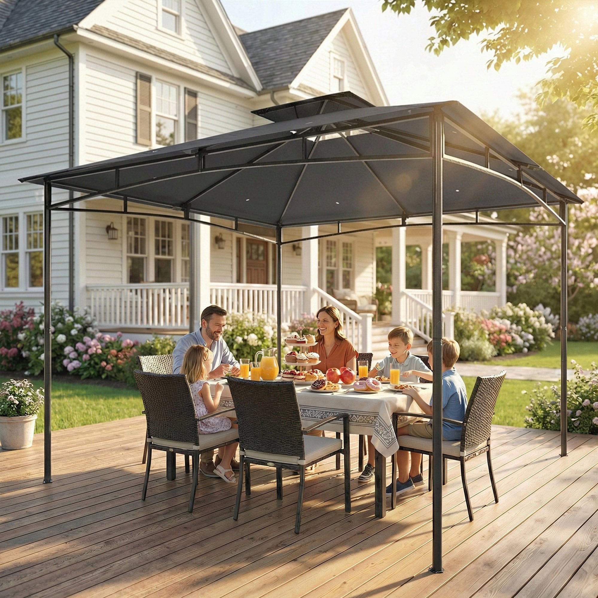 3 x 3 m Gazebo, Garden Gazebo with 2-Tier Roof, Metal Frame, Dark Grey