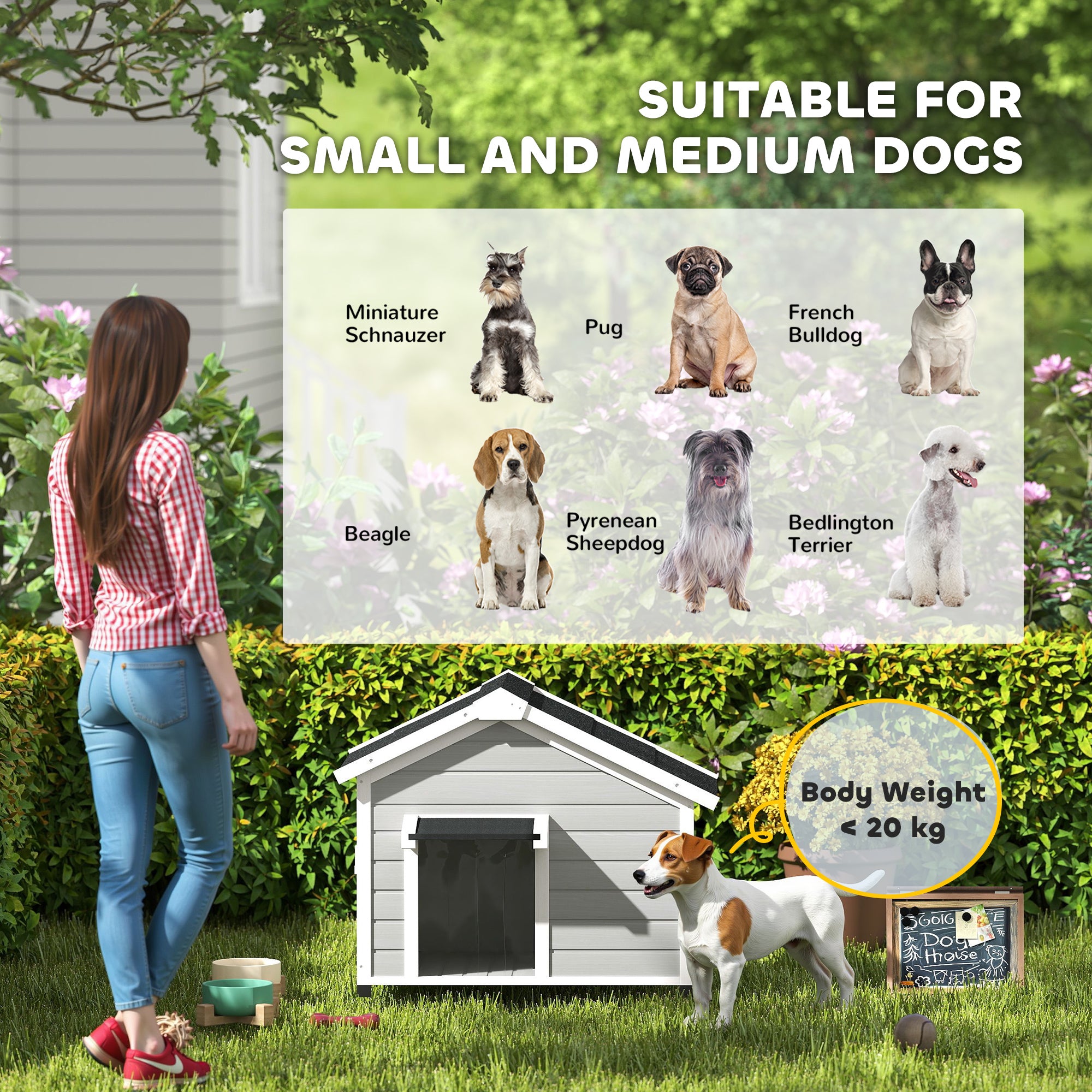 Wooden Dog House Outdoor with Openable Roof, Removable Floor, Curtain, Elevated Feet, for Medium Dogs, Light Grey