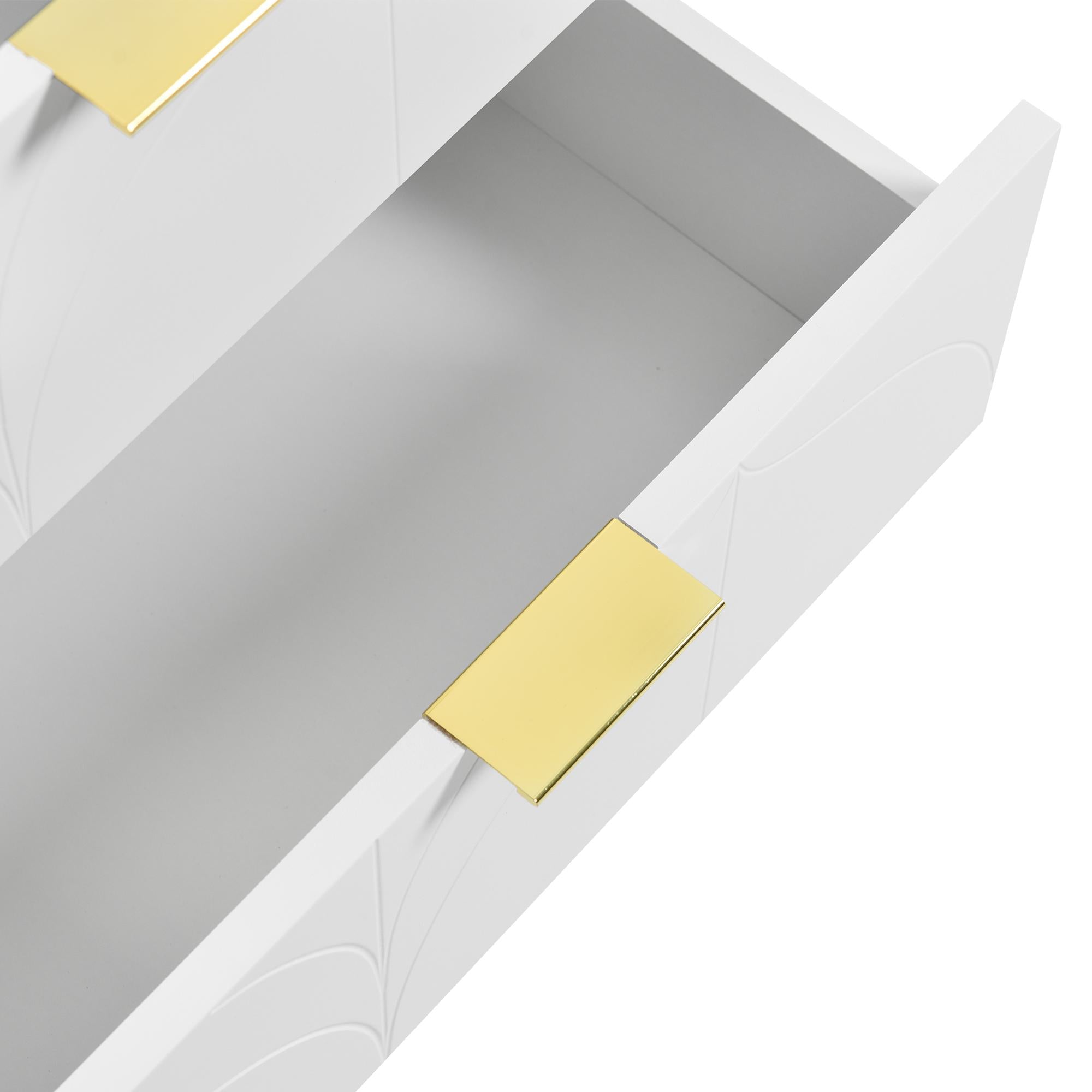 Set of 2 Modern Bedside Tables with 2 Drawers, Floral Pattern and Gold-Plated Accents, Anti-Bump Design, 50L x 40W x 54H cm, White