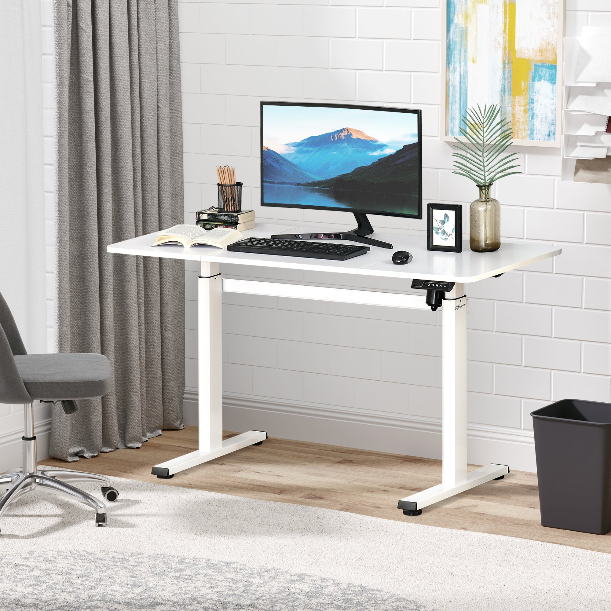 Electric Height Adjustable Standing Desk Sit Stand Desk with Large Desktop, Motor, Stand up Desk for Home Office, White