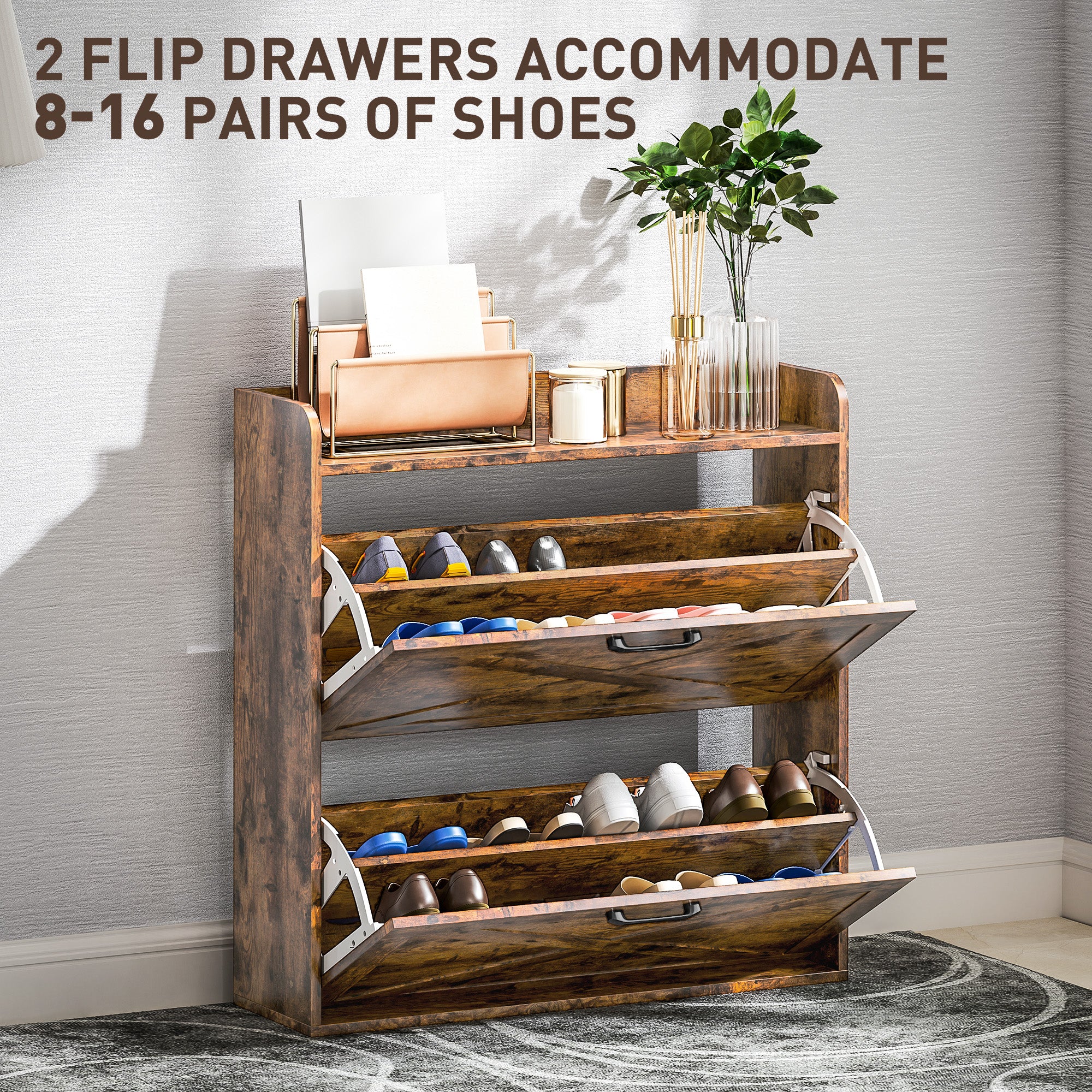 Two Flip Drawer Narrow Shoe Cabinet with Adjustable Shelves - Rustic Brown