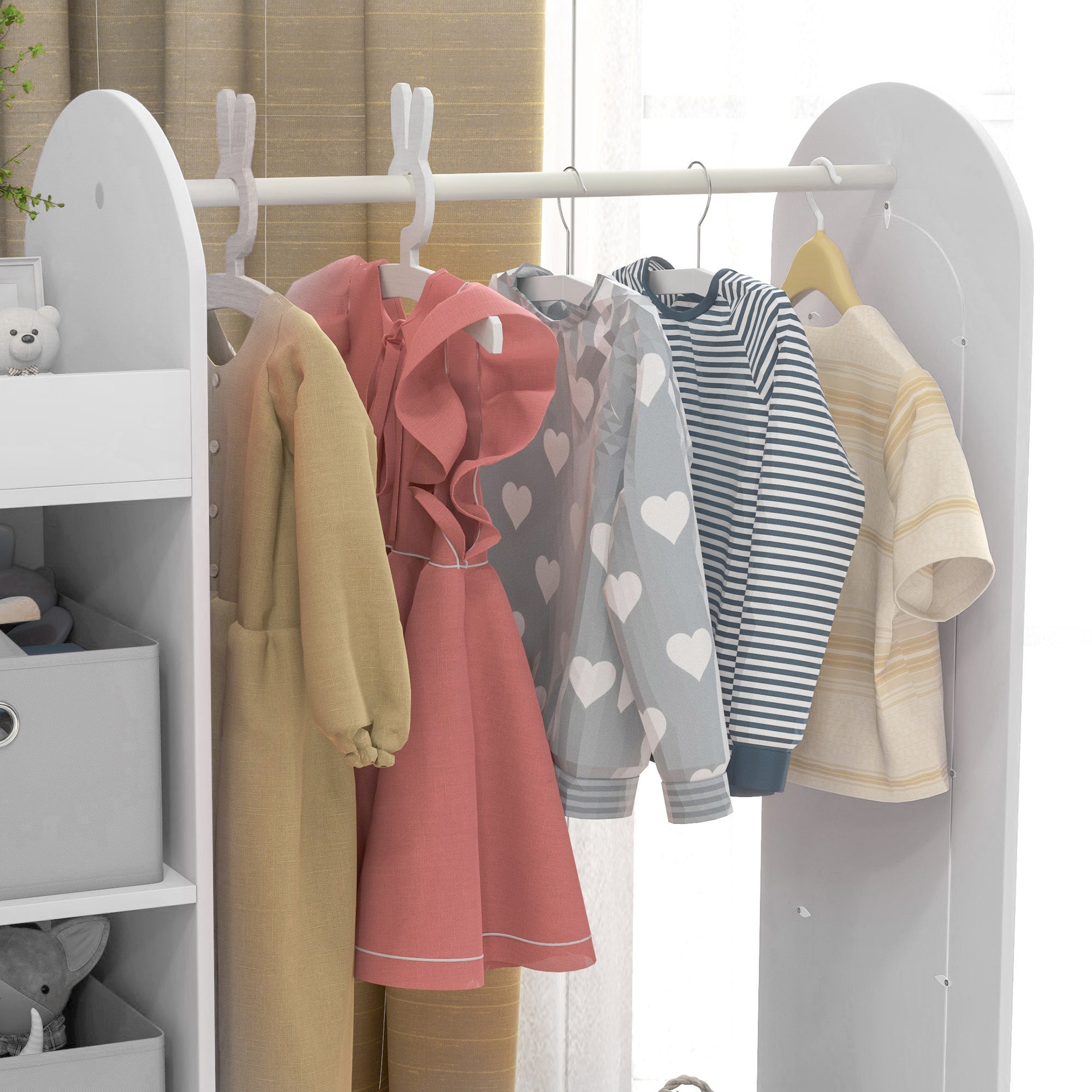 Kids Clothes Rail with Storage Shelf, Boxes & Mirror for Bedroom Nursery - White
