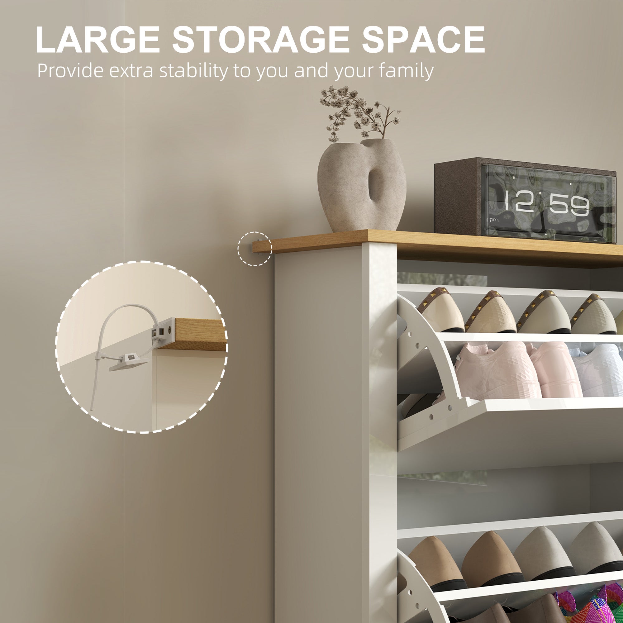 Slim Shoe Cabinet, Narrow Shoe Cupboard with 2 Flip Drawers, Adjustable Shelves for 12 Pairs of Shoes, High Gloss White