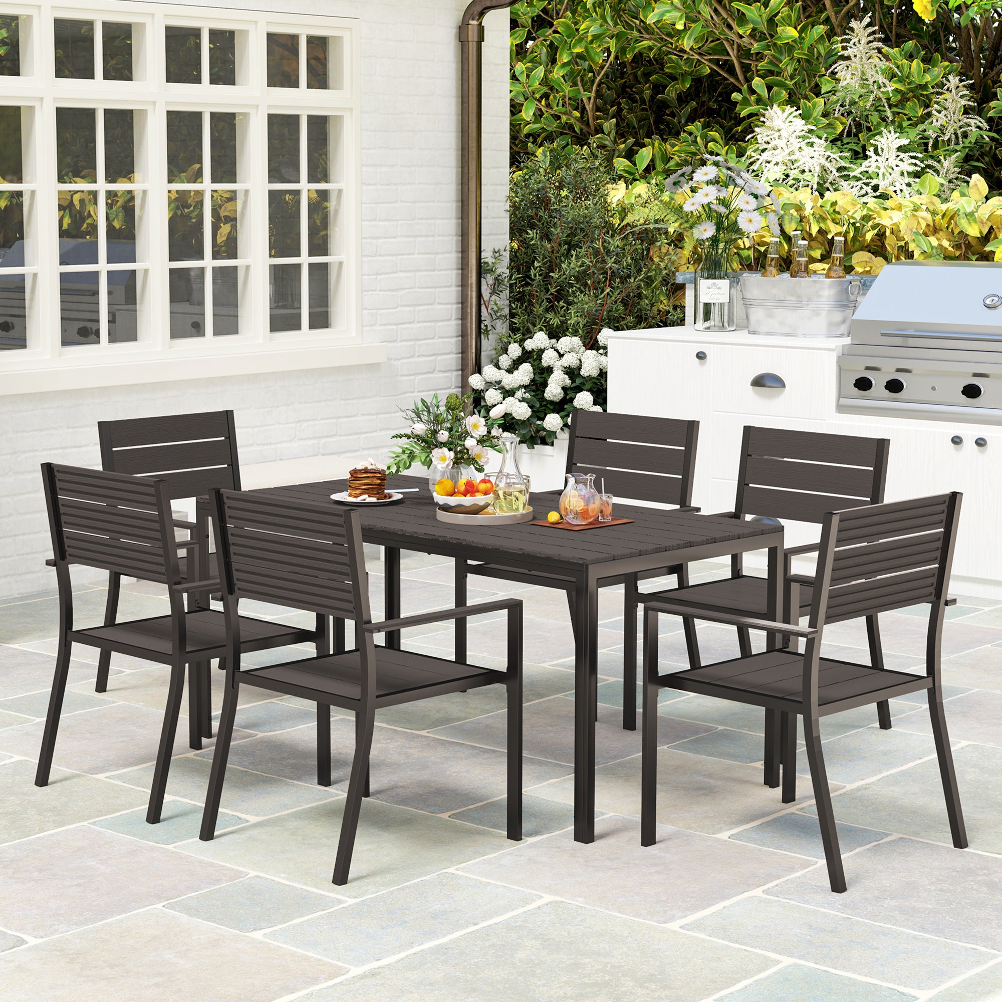 7 Piece Garden Furniture Set with HDPE Table and Stackable Chairs - Dark Brown