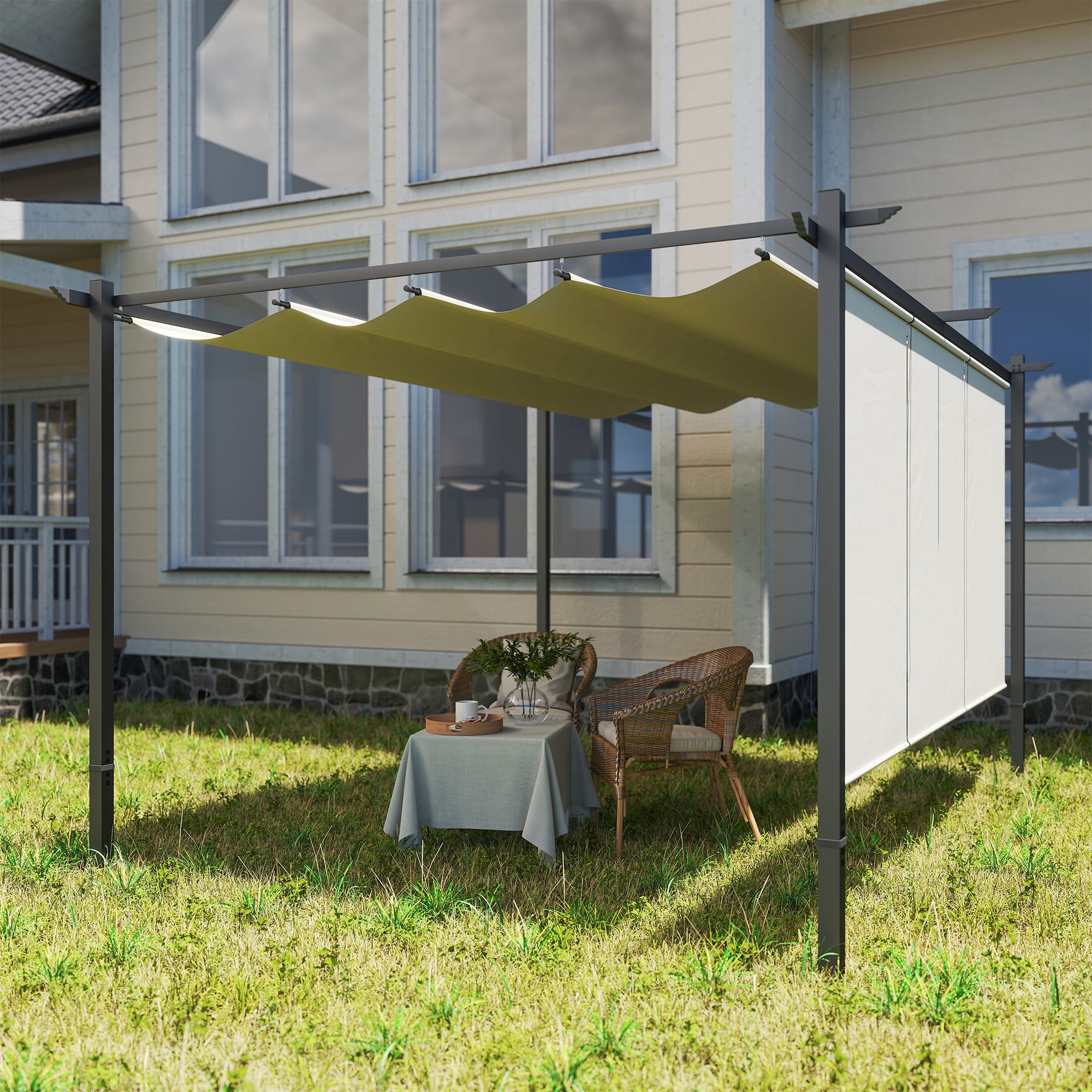3 x 4m Metal Pergola with Retractable Roof and UPF30+ Shade - Beige