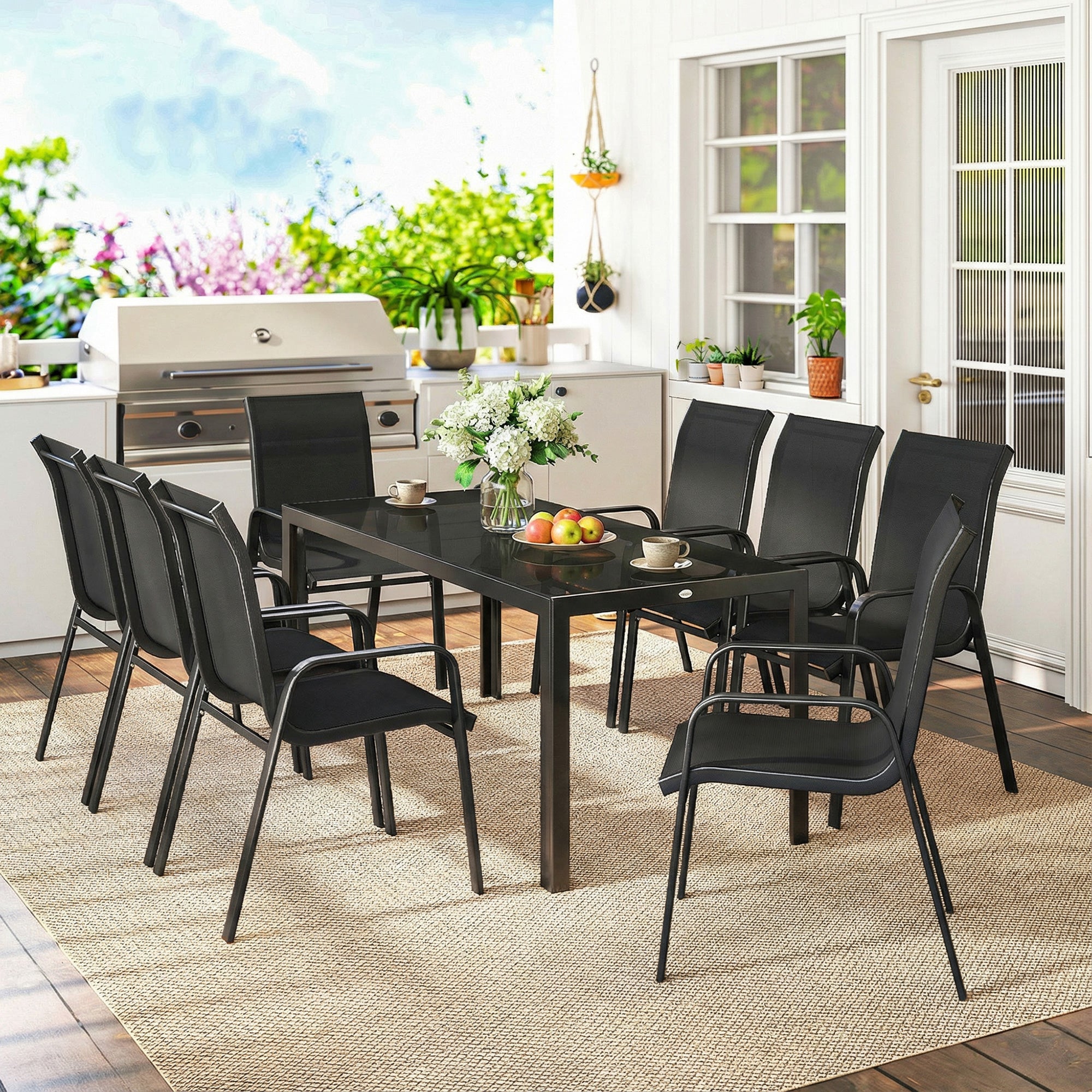 9 Pieces Garden Dining Set, Outdoor Table and Chairs Set for 8, Garden Furniture Set with Tempered Glass Top, Black