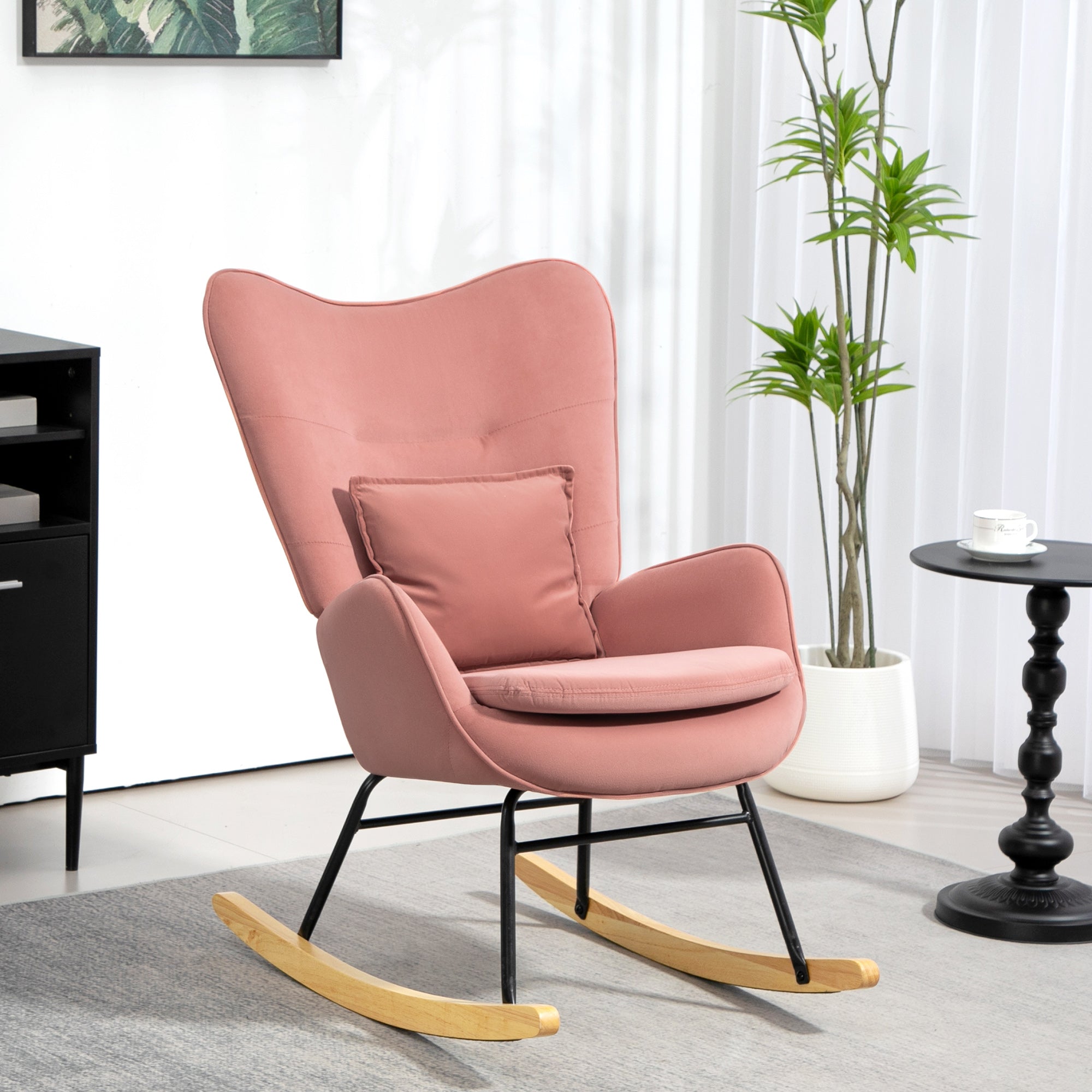 Velvet Rocking Chair Armchair with Lumbar Pillow, Metal Legs and Wood Base for Living Room, Bedroom, Pink