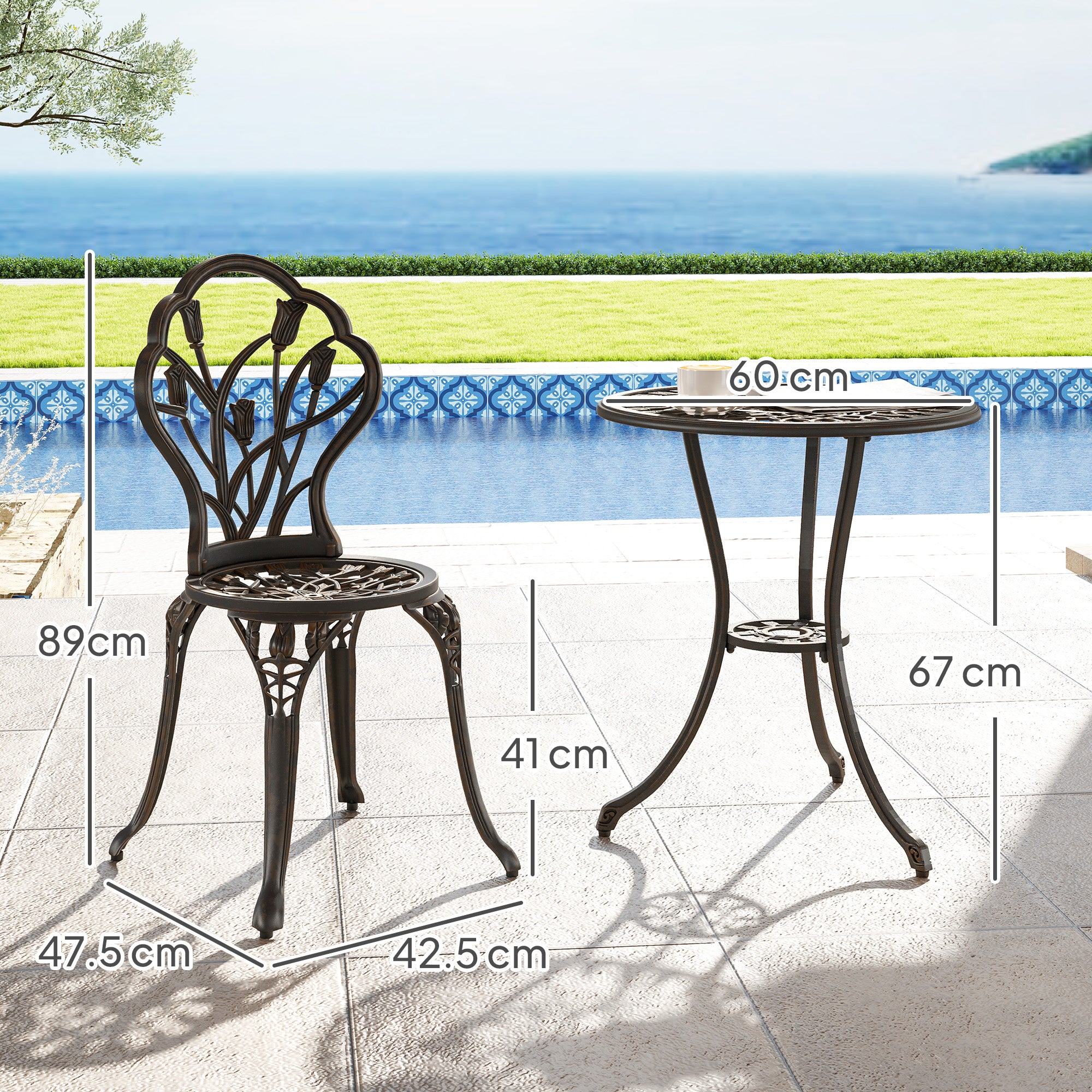 3 Piece Aluminium Patio Bistro Set with Umbrella Hole - Bronze Tone