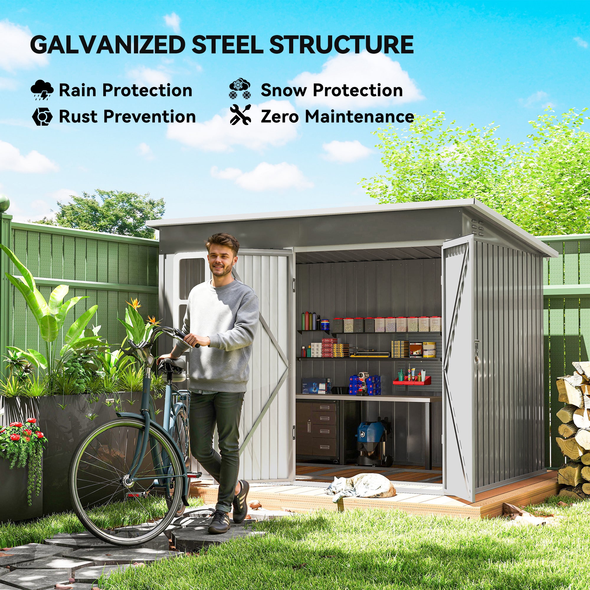 8.5 x 6ft Storage Shed Galvanised Steel Garden Shed, Metal Shed with Foundation Kit, Window, Lockable Wide Doors and Air Vents for Outdoor Patio, Light Grey