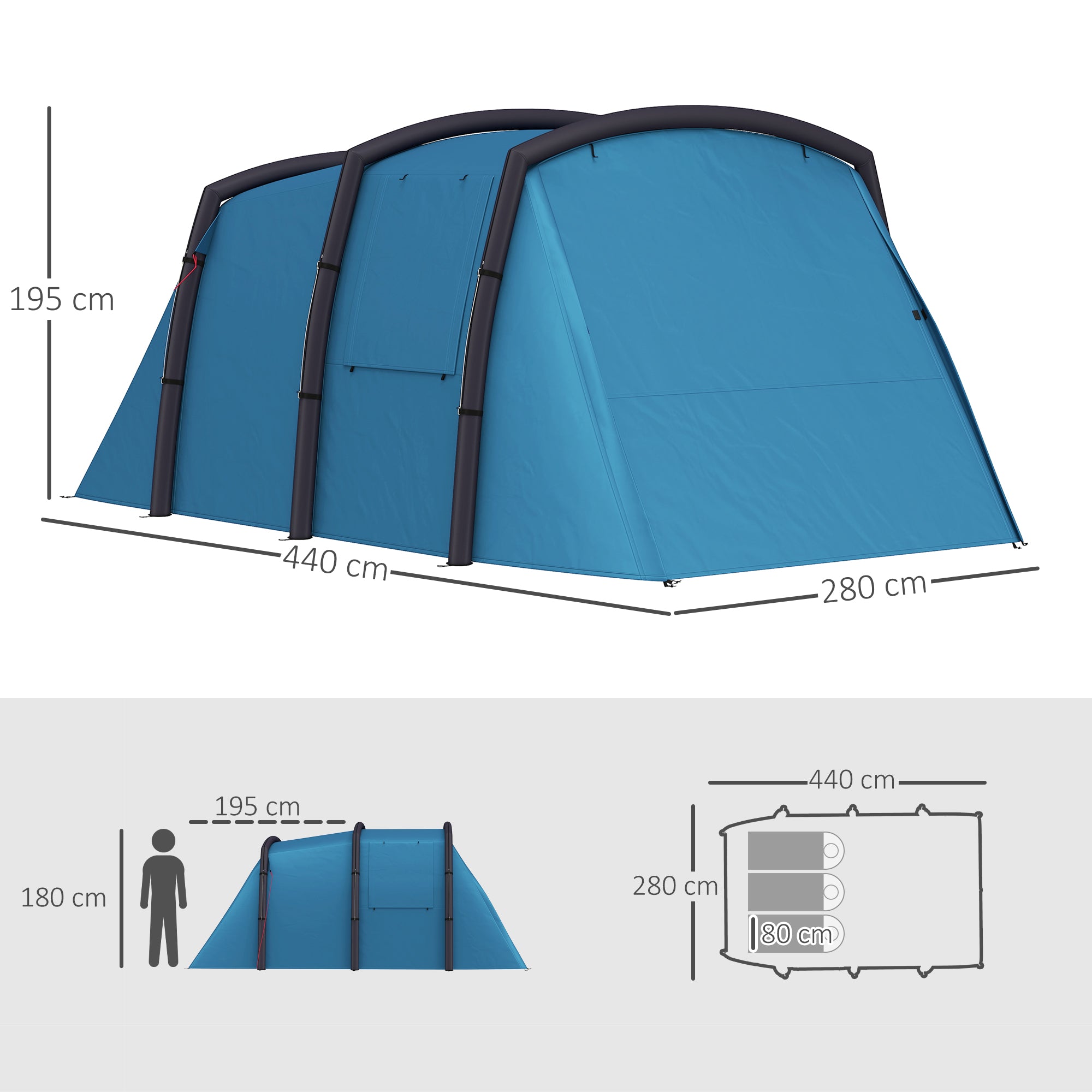 Inflatable 3-4 Man Tunnel Tent w/ Air Pump, Living Area & Vestibule, Waterproof Family Camping Air Tent w/ Sewn In Groundsheet & Removable Footprint for Camping, Hiking, Blue