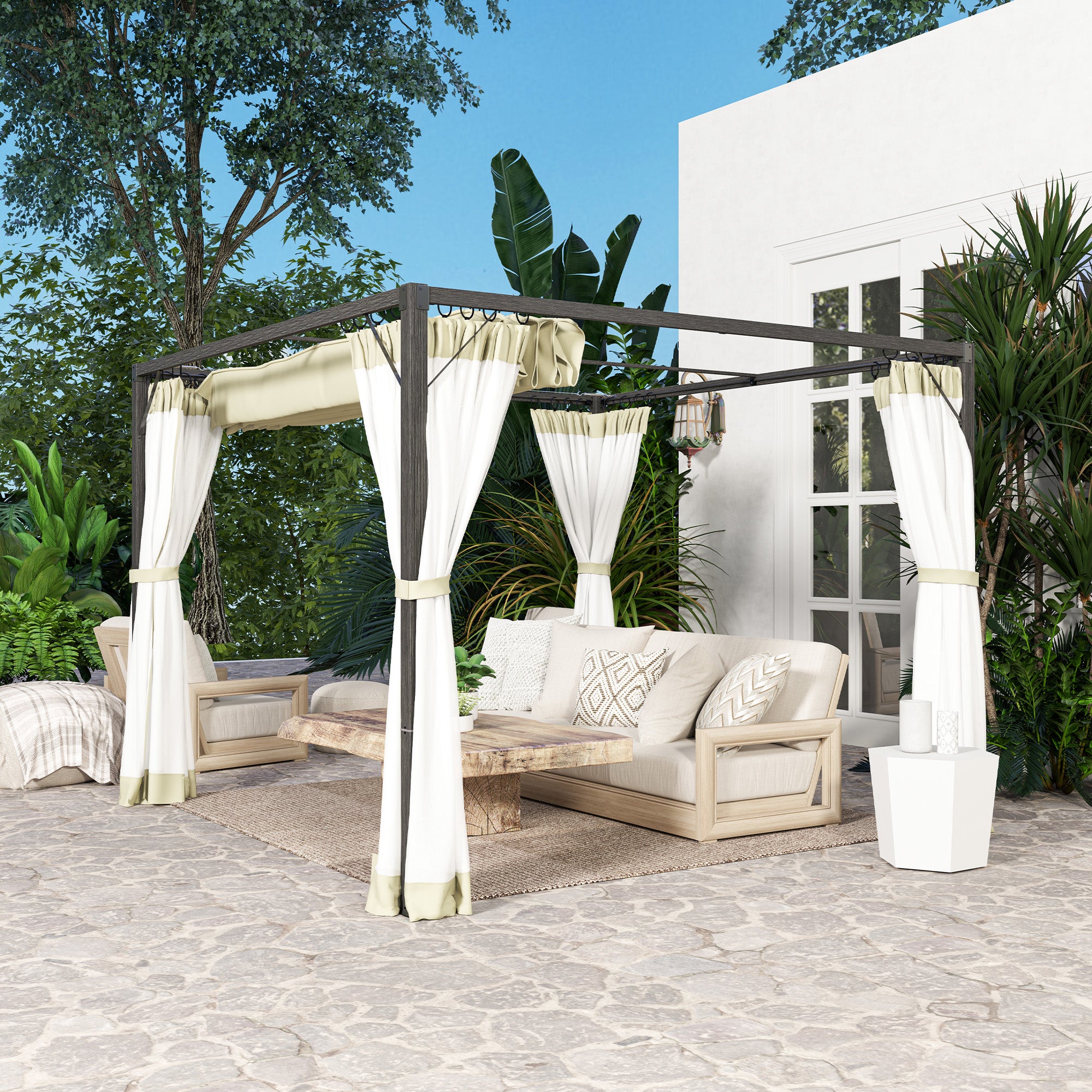 3 Metre Aluminium Frame Pergola Set with Retractable Roof - Khaki