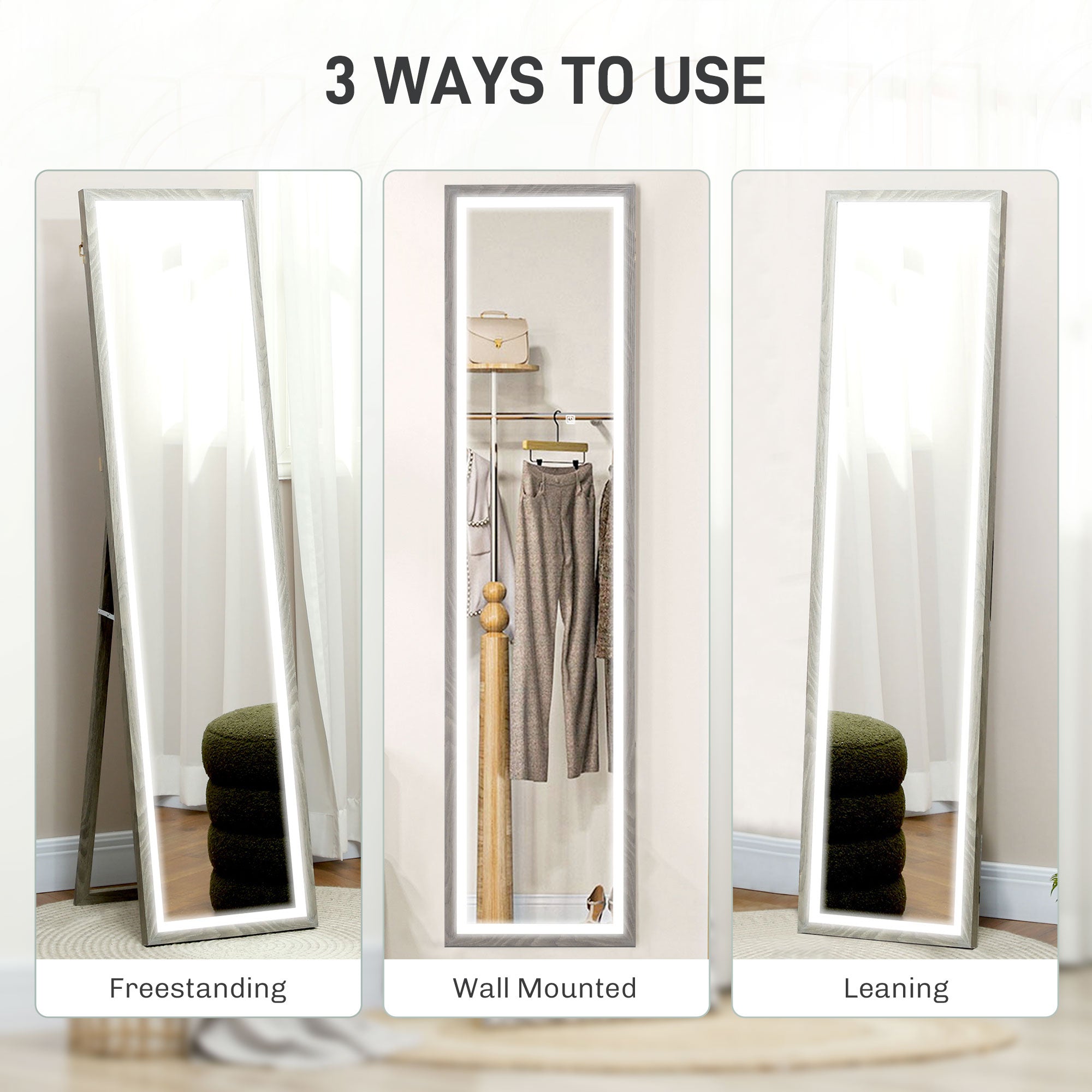 Full Length Mirror with Adjustable LED Outer Light - Grey