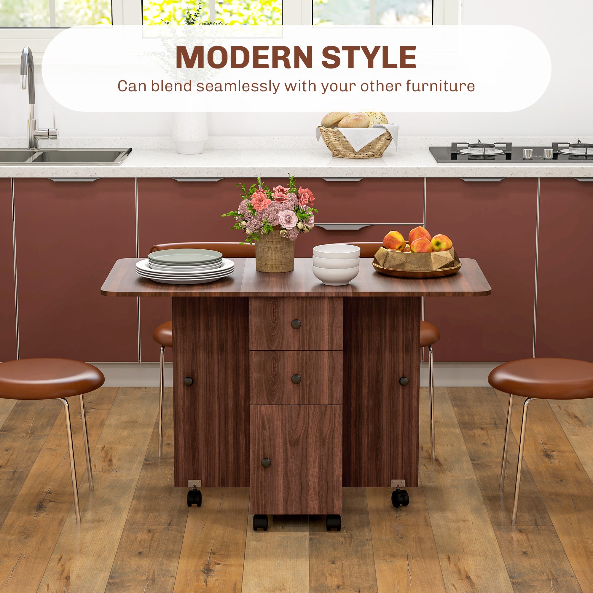 Multi-Storage Six-Person Drop Leaf Dining Table - Distressed Brown