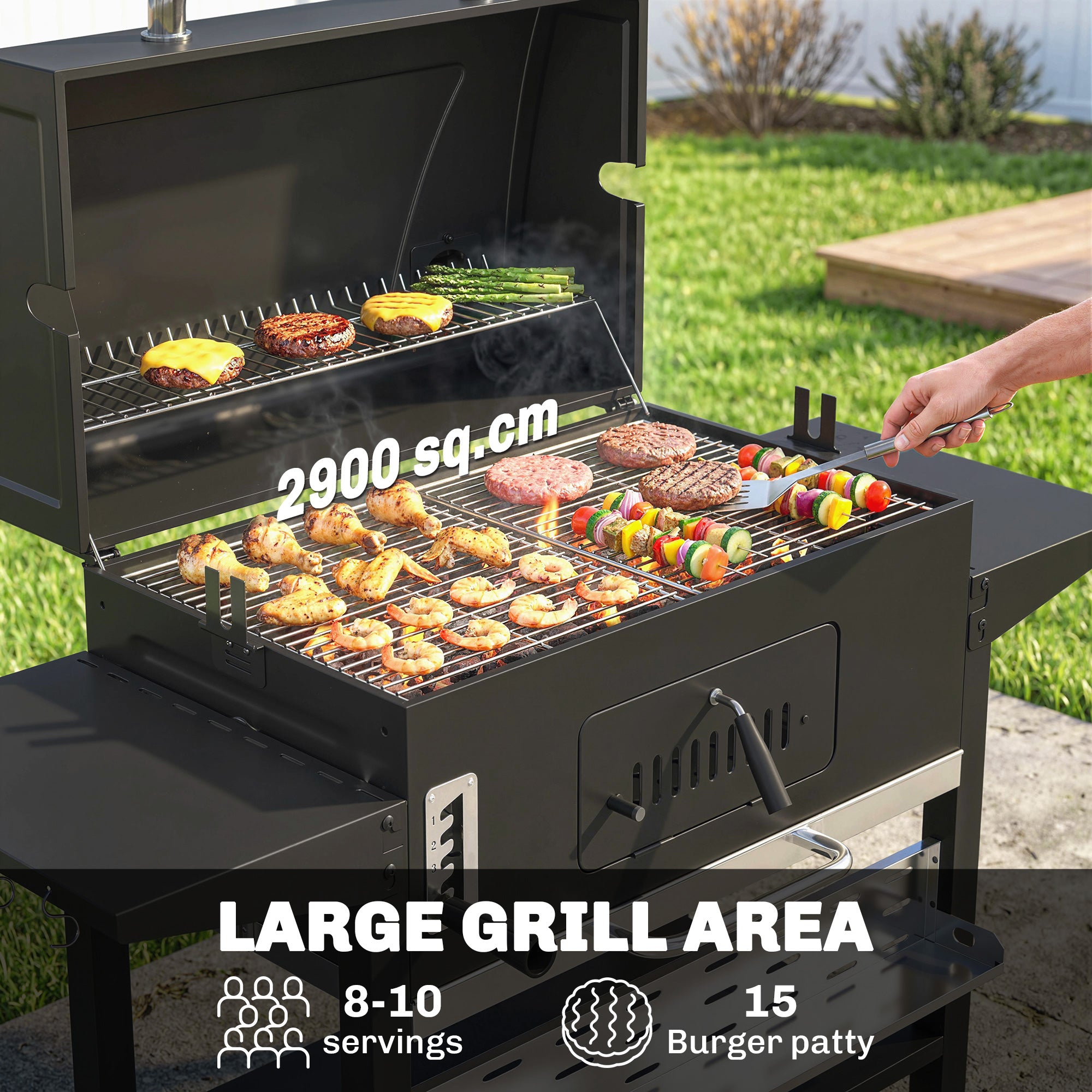 Charcoal BBQ Grill Smoker with Electric Rotisserie Kit, Portable Barbecue Grill with Warming Rack, Black