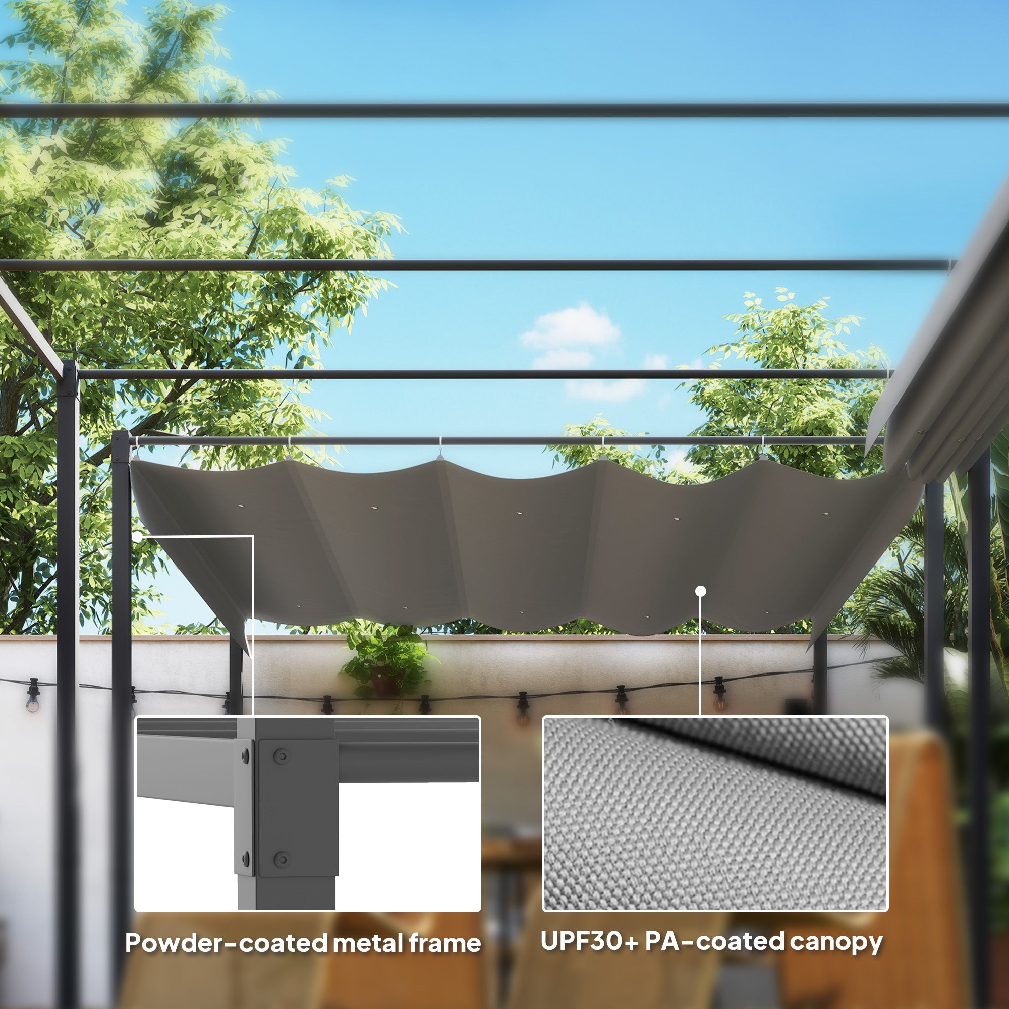 3 x 3 Metre Garden Pergola Kit with Retractable UPF30 Canopy - Grey