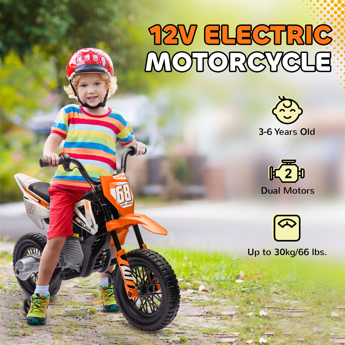 12V Kids Electric Ride-On Motorbike with Training Wheels and Twist Grip Throttle - Orange