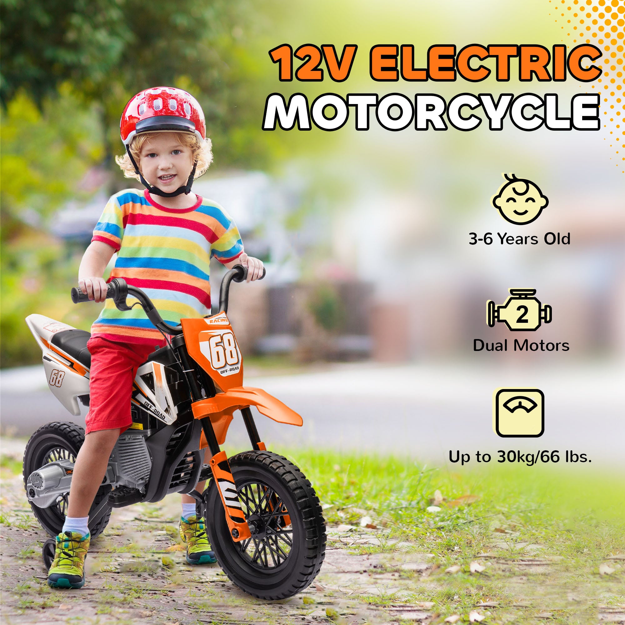 12V Kids Electric Motorbike, Kids Electric Ride on Motorcycle w/ Twist Grip Throttle, Training Wheels - Orange