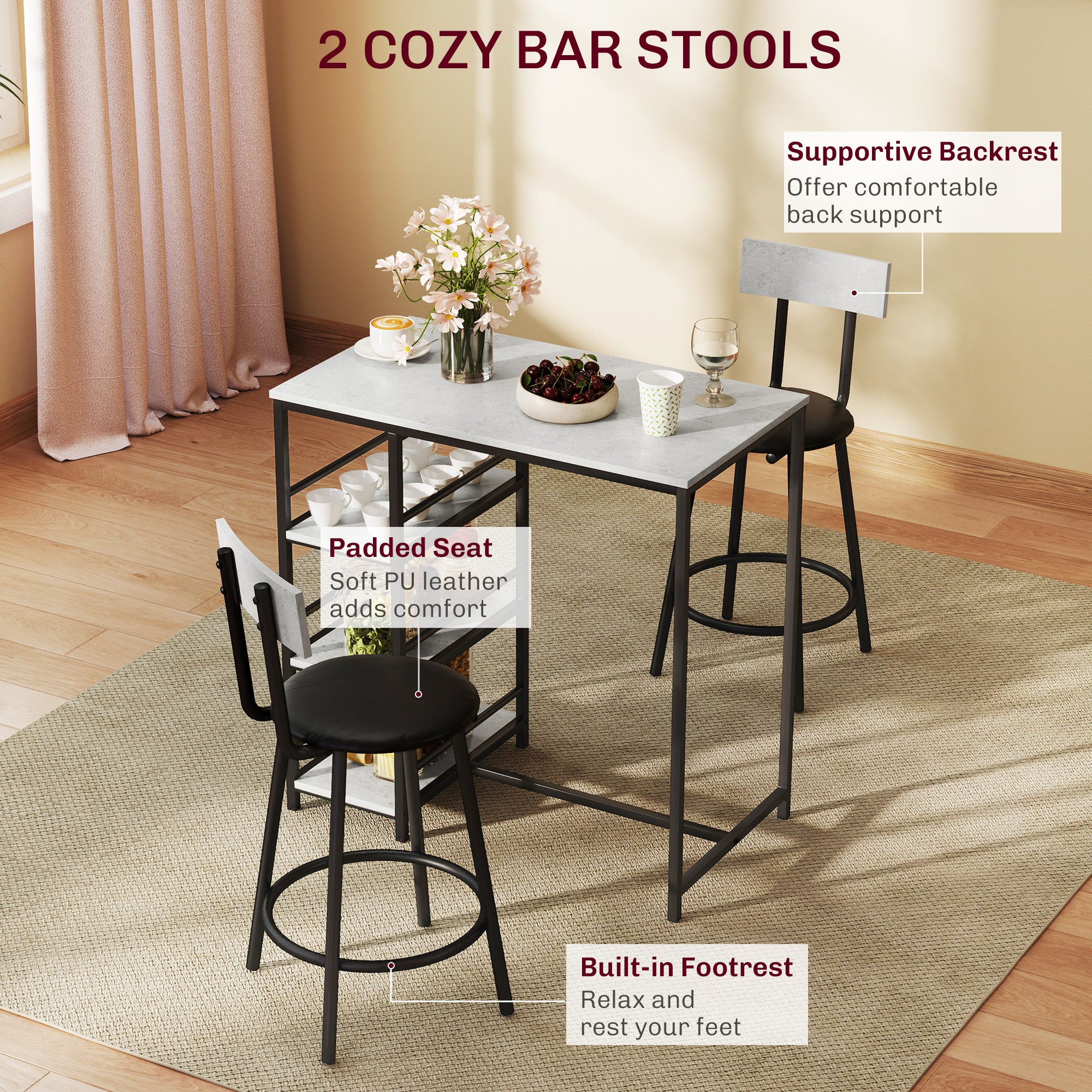 Three-Piece Kitchen Dining Set with Shelves - Grey/Black