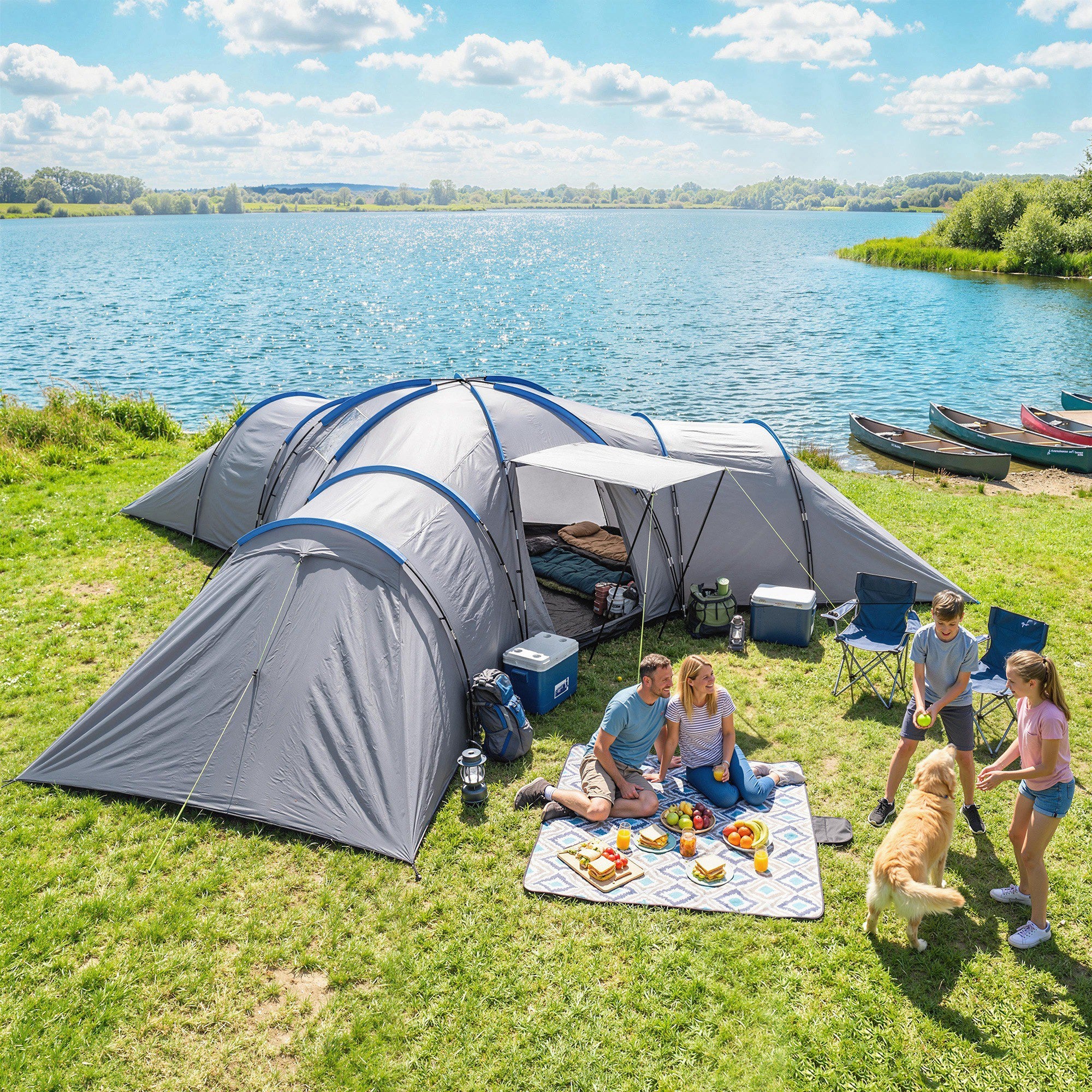 6-9 Man Large Tunnel Tent with 3 Bedrooms, Living Area and Porch, Light Grey