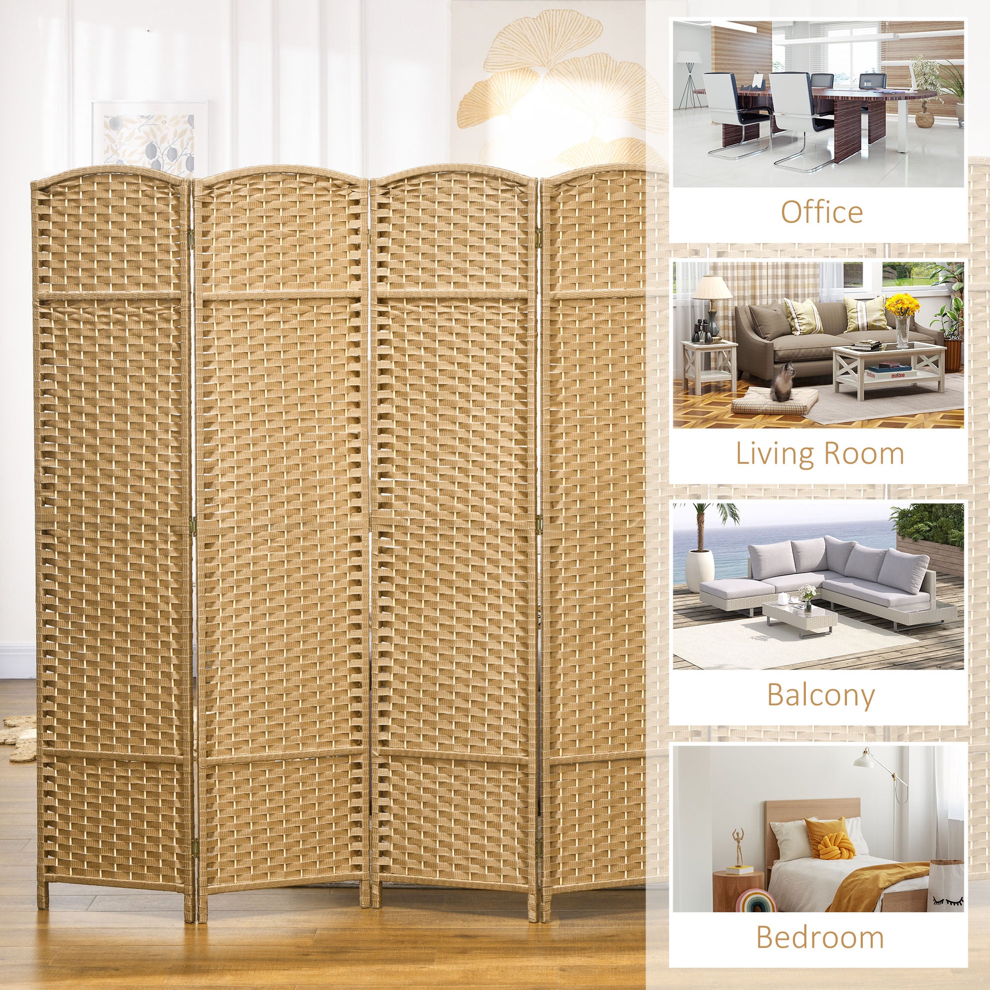 6 Panel Folding Room Divider 240x170cm Privacy Screen for Living Room Bedroom Office - Natural