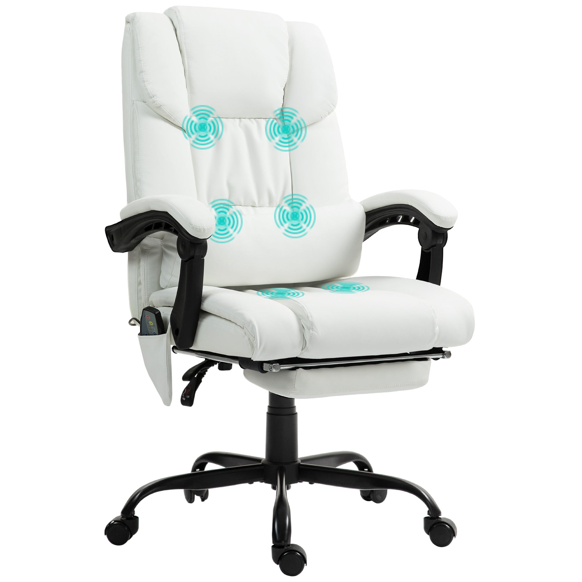6-Point Massage Office Chair, PU Leather Desk Chair with Adjustable Height and Footrest for Home Office, White
