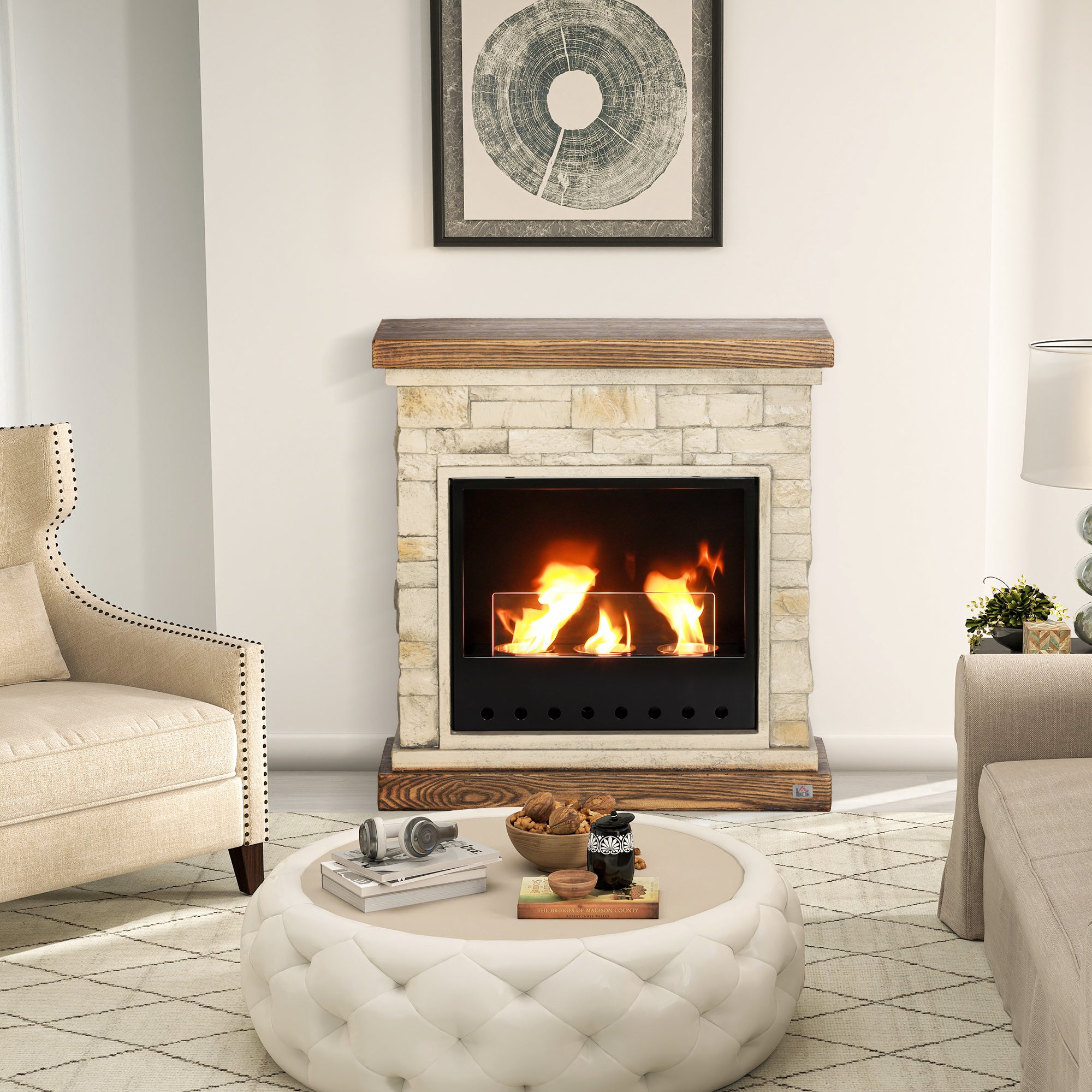 Bioethanol Fire Heater, with Brickwork-Effect Mantelpiece - Brown