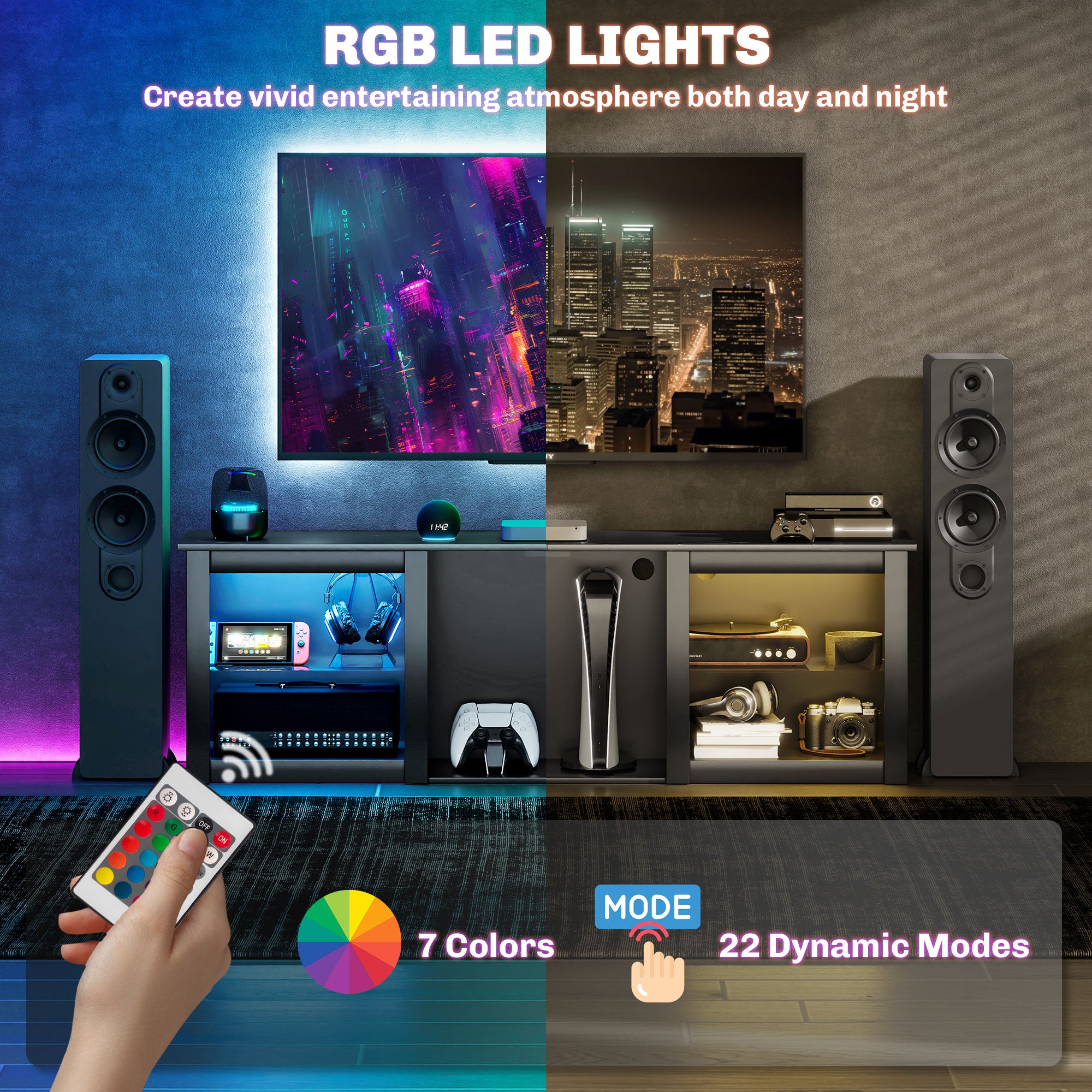 65" TV Stand, with LED Lights and Storage - Black