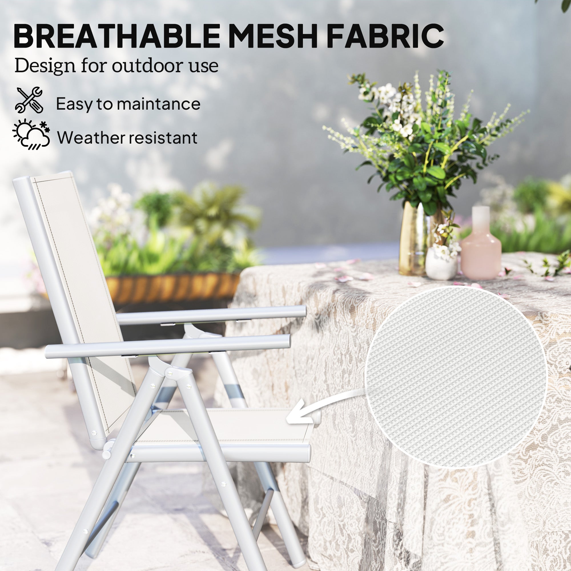 Set of 2 Aluminium Folding Garden Chairs with Mesh Seats - Light Grey