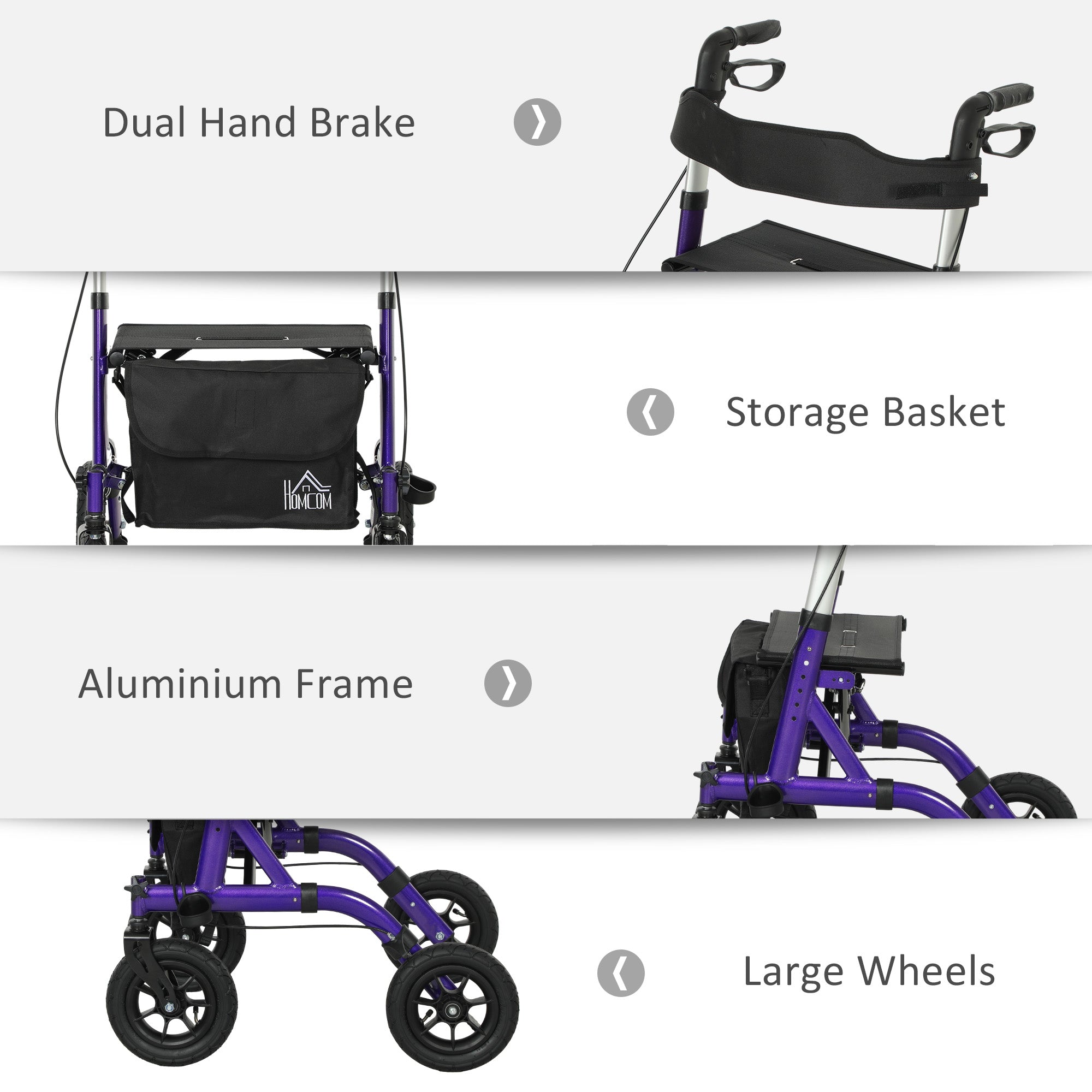 Folding Rollator Walker with Seat, Backrest, Lightweight Walking Frame with Storage Bag, Dual Brakes, All-terrain Wheels, Adjustable Handle Height, 4 Wheeled Walker for Seniors, Purple