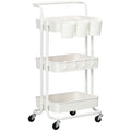Three-Tier Home Trolley with Handle, Wheels and Storage Baskets - White