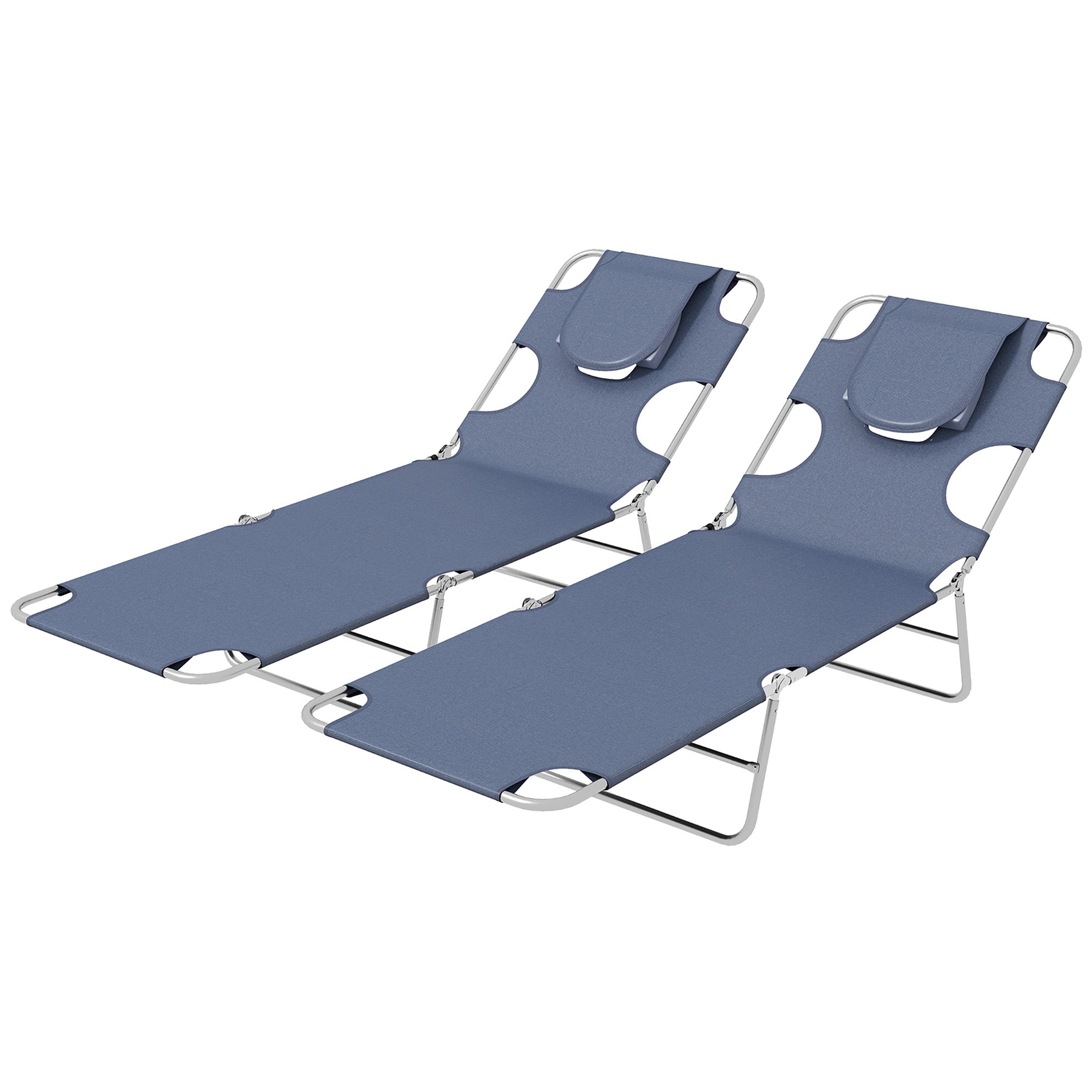 Foldable Sun Lounger Set of 2 with Reading Hole, Portable Sun Lounger with 5 Level Adjustable Backrest, Reclining Lounge Chair with Side Pocket, Headrest Pillow, Grey