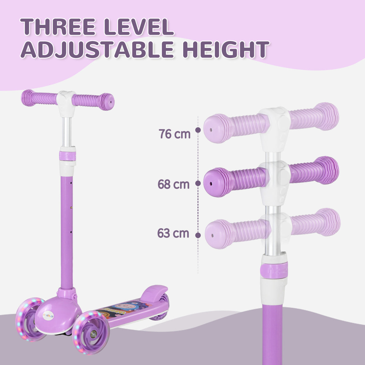 Kids 3 Wheel Scooter with Adjustable Height and LED Lights for Ages 2-6 - Purple