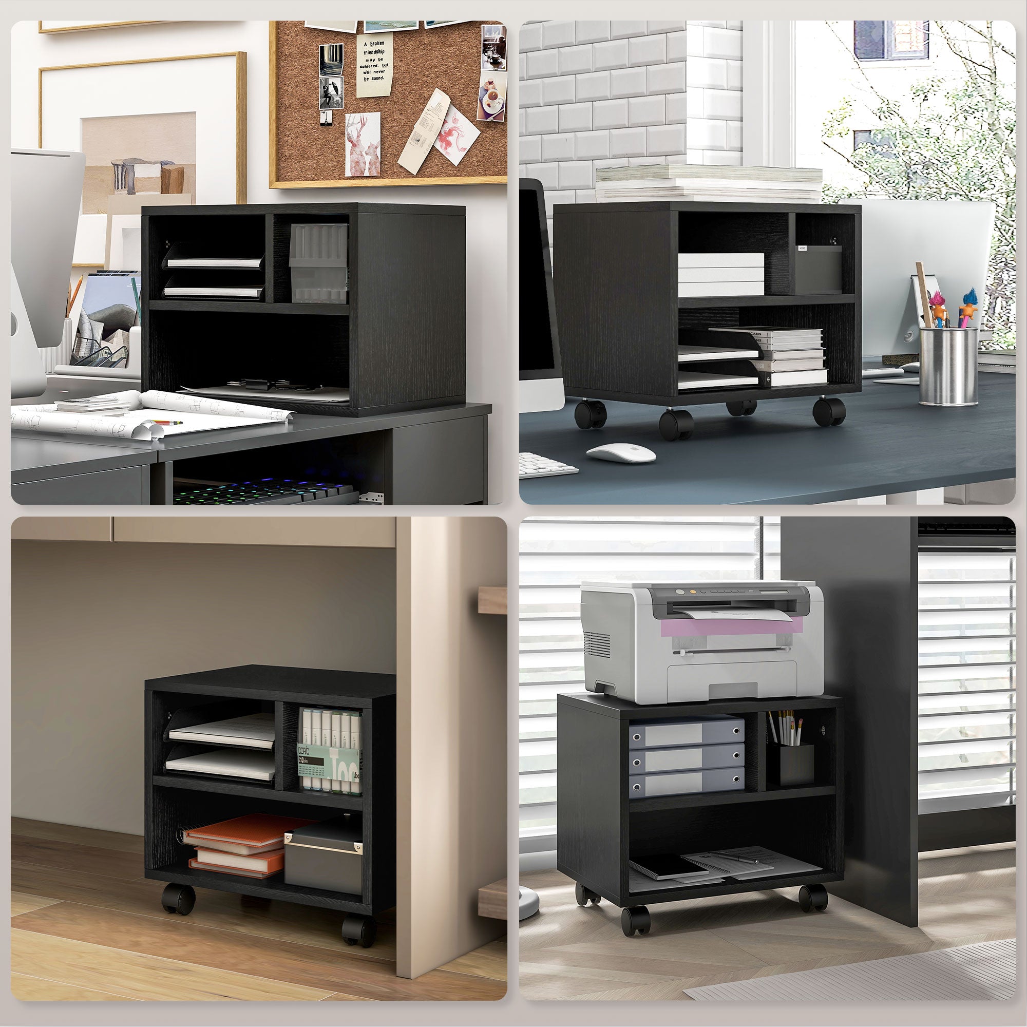 Three-Compartment Printer Cabinet with Wheels for Office Storage - Black