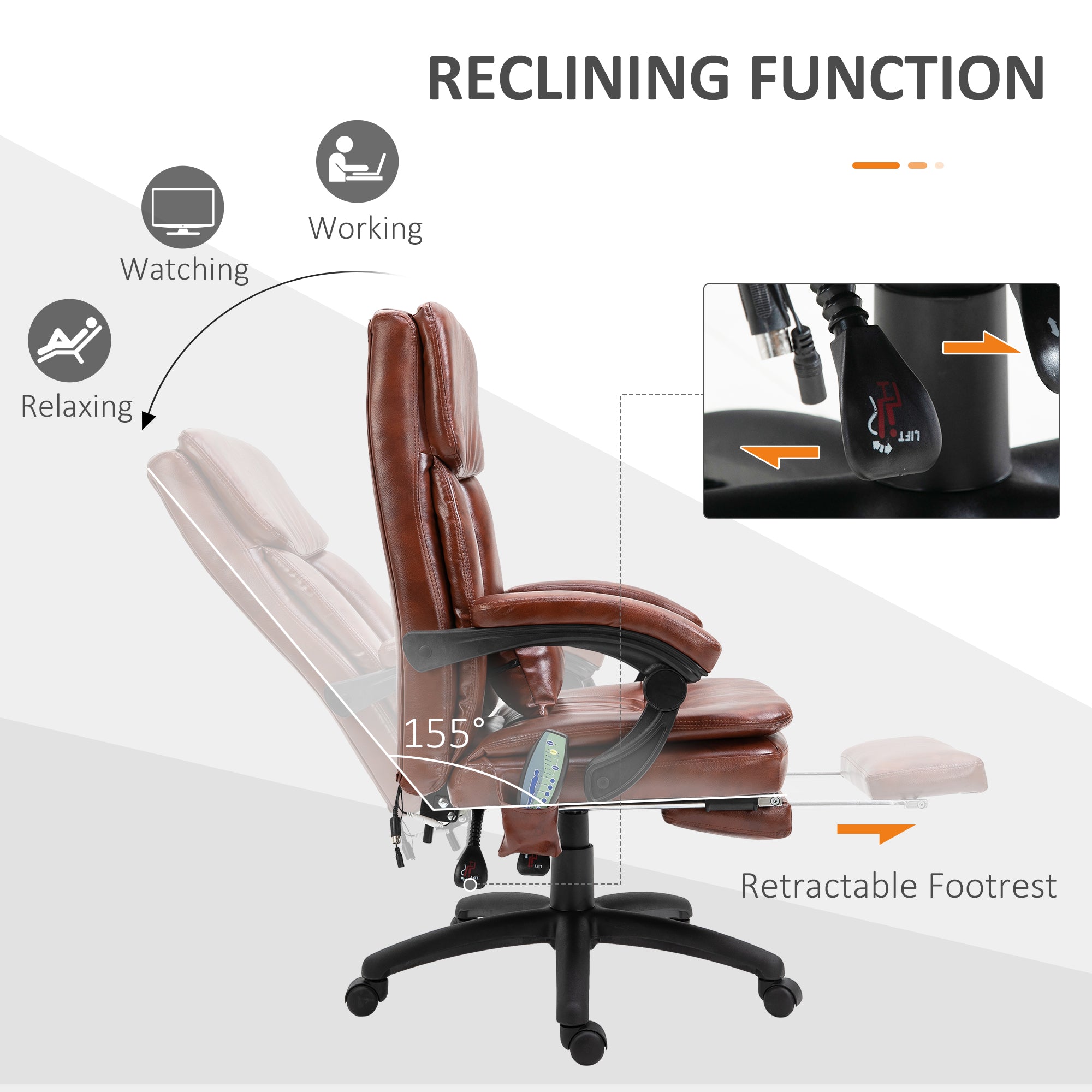 High Back Office Chair, Gaming Recliner Chair with Footrest, 7 Massage Points, Adjustable Height, Reclining Back, PU Leather, Brown