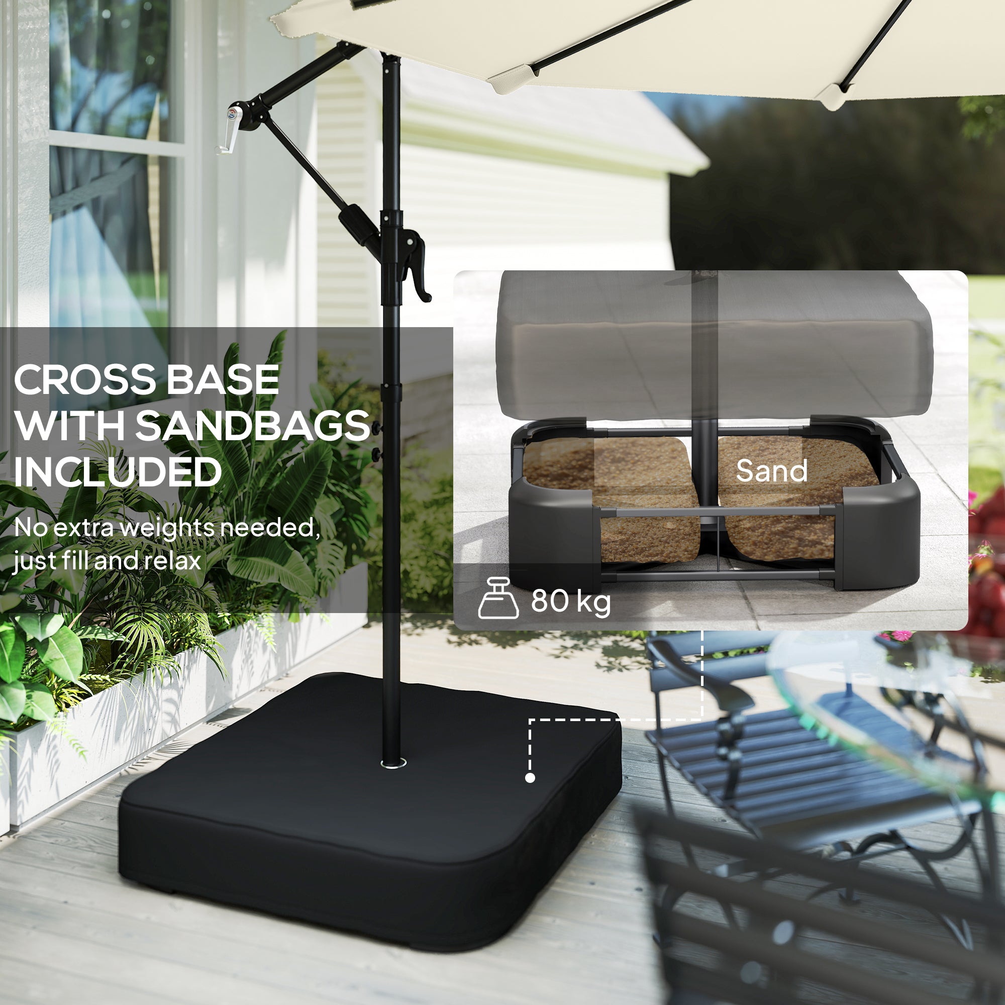3 m Garden Cantilever Parasol with Cross Base, Sandbag, 360° Rotating Overhanging Banana Umbrella, Cream White