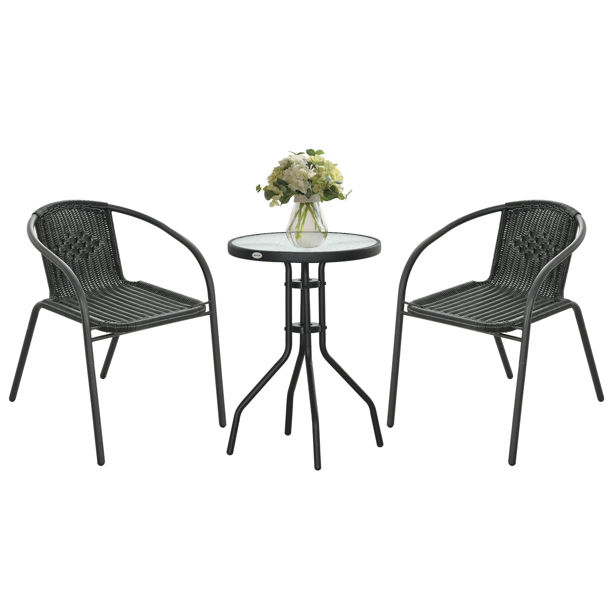 3 Piece Rattan Bistro Set with Tempered Glass Table - Black