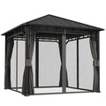 3 x 3m Hardtop Gazebo with Galvanised Steel Roof, Water Gutter, Netting & Curtains for Patio - Dark Grey
