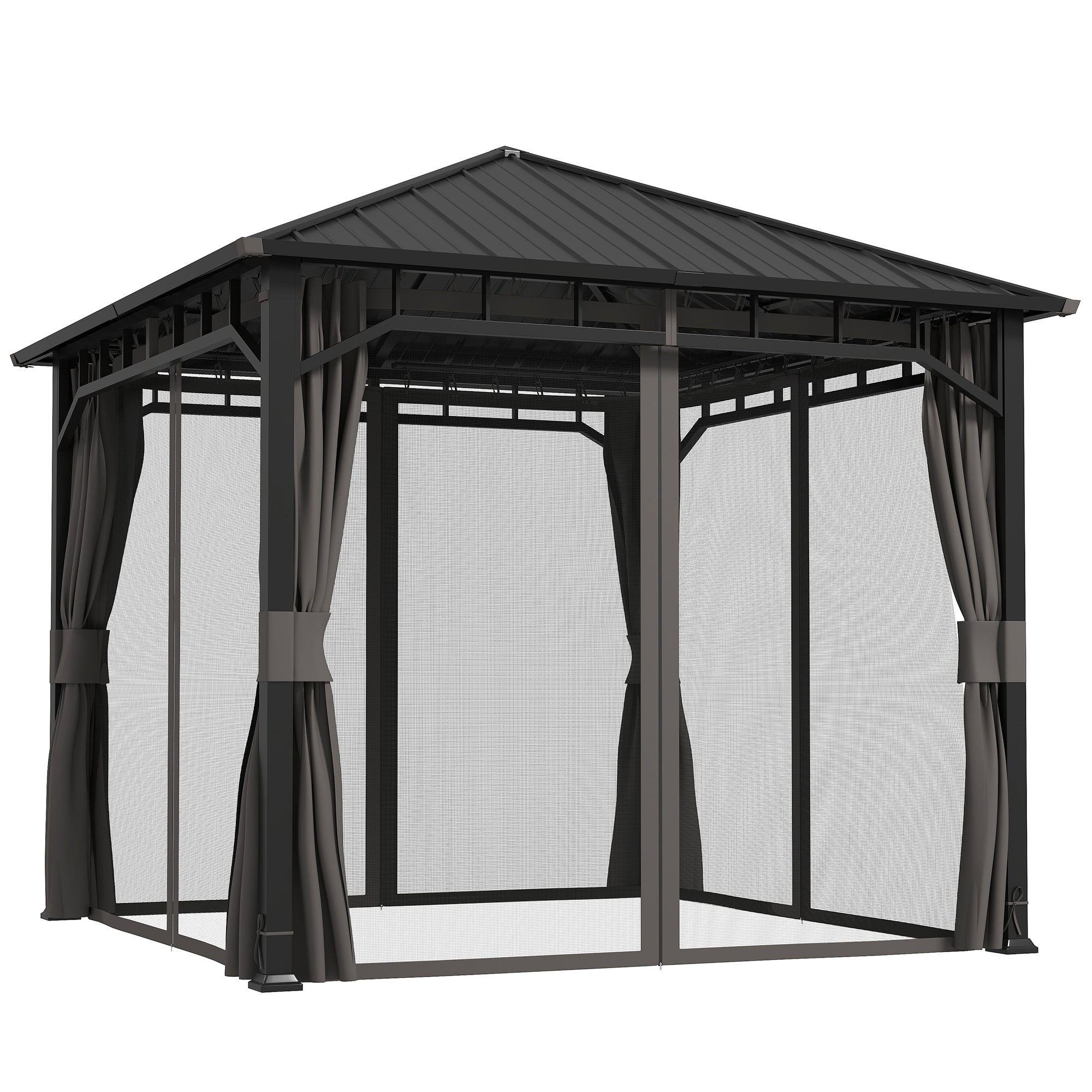 3 x 3m Hardtop Gazebo with Galvanised Steel Roof, Water Gutter, Netting & Curtains for Patio - Dark Grey