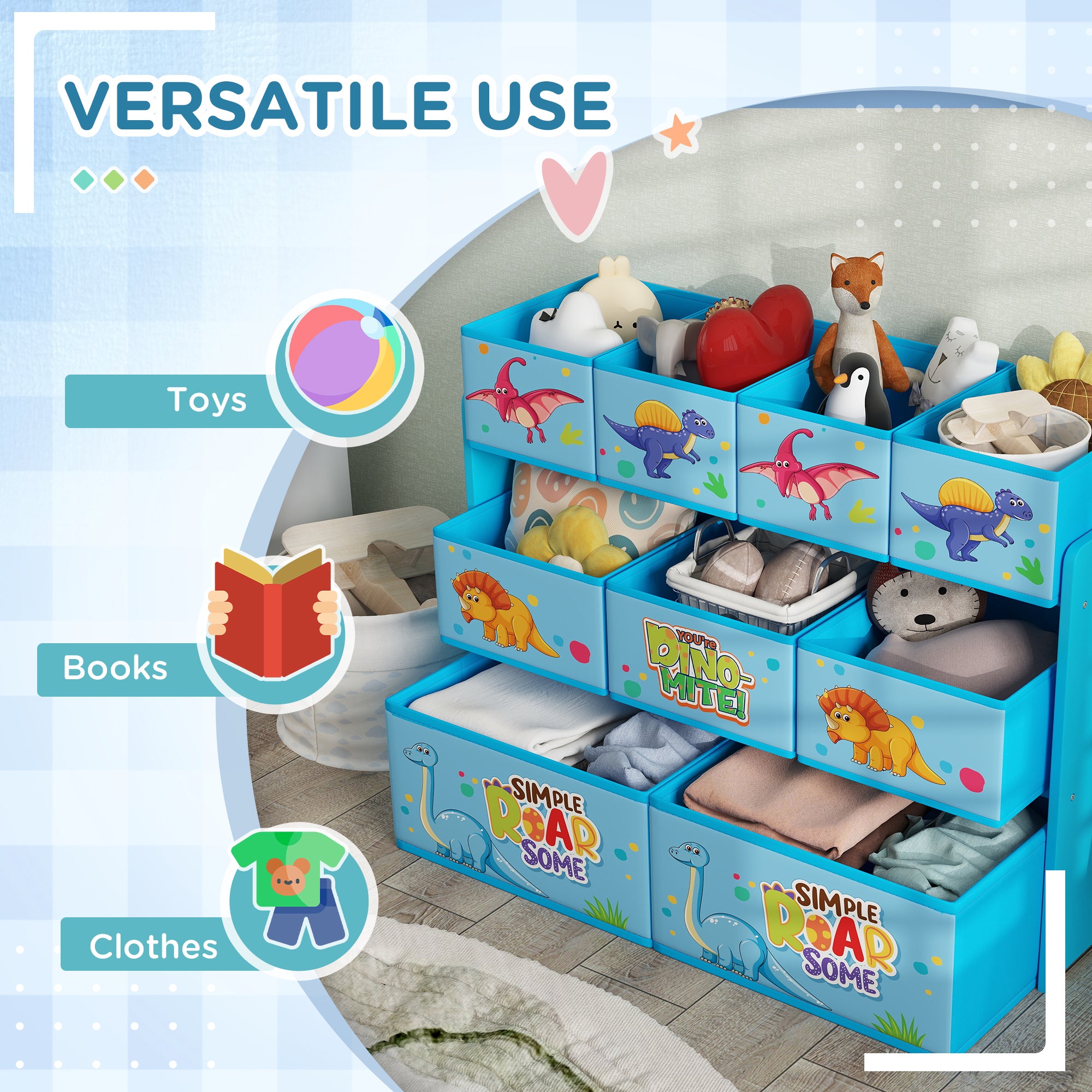 3 Tier Kids Storage Unit with 9 Fabric Boxes for Organised Bedroom Blue