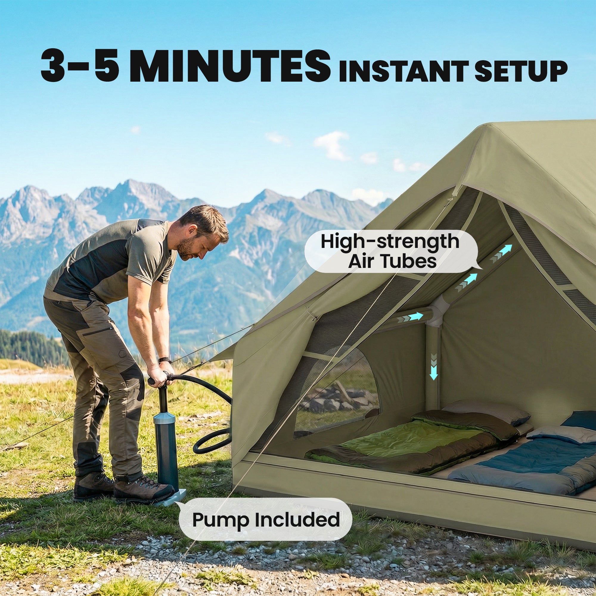 Inflatable Tent Waterproof for Camping Blow Up Tent with Pump Carry Bag for 2-4 Person