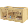 Wooden Hamster Cage with Water Bottle, Platforms, Seesaws & Sliding Tray - Natural Wood Finish